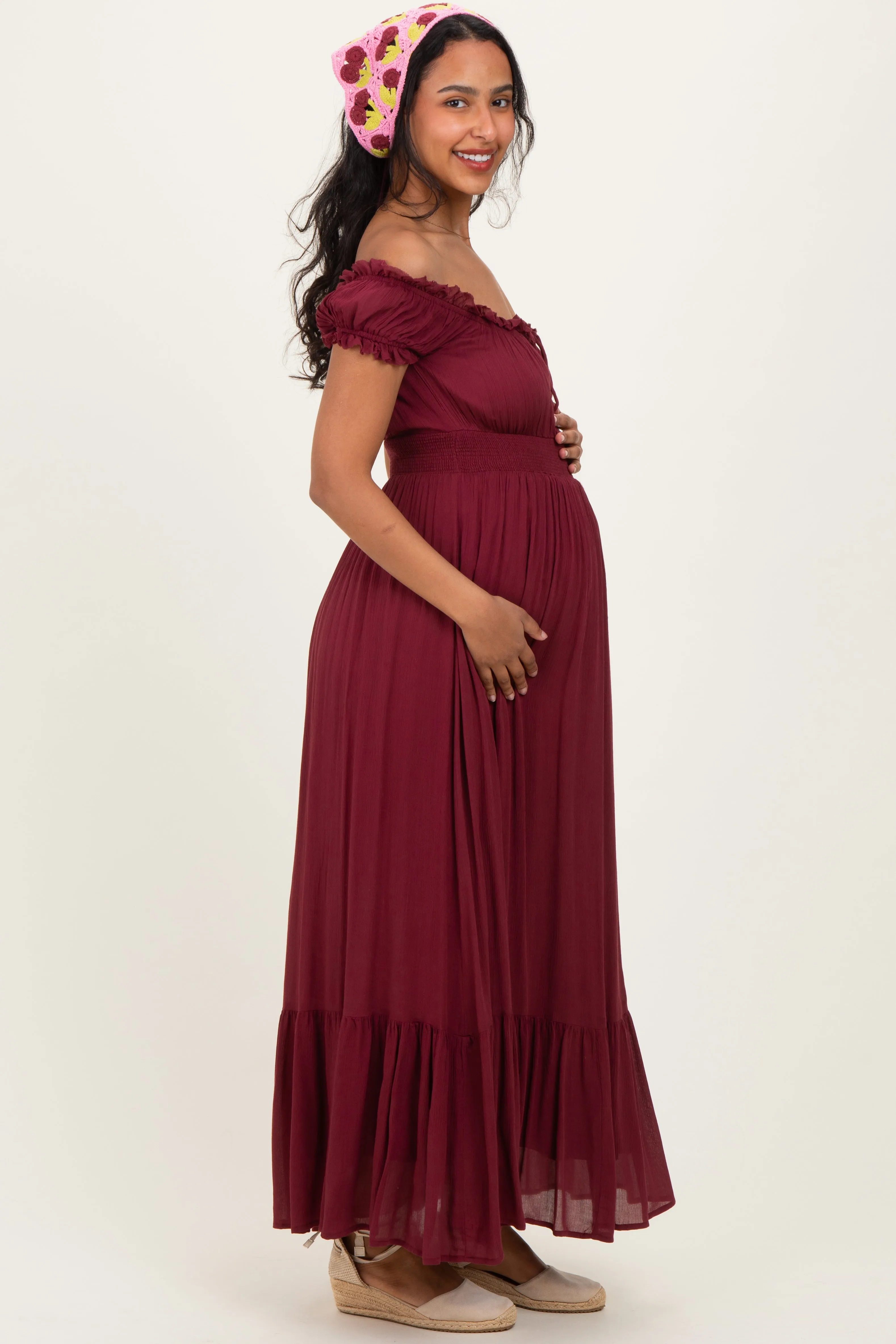Burgundy Smocked Waist Off Shoulder Maternity Maxi Dress sold by Pinkblush product image thumbnail 2