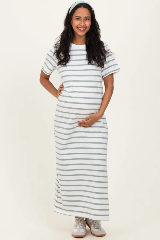 Sage Striped Side Slit Maternity Maxi Dress sold by Pinkblush