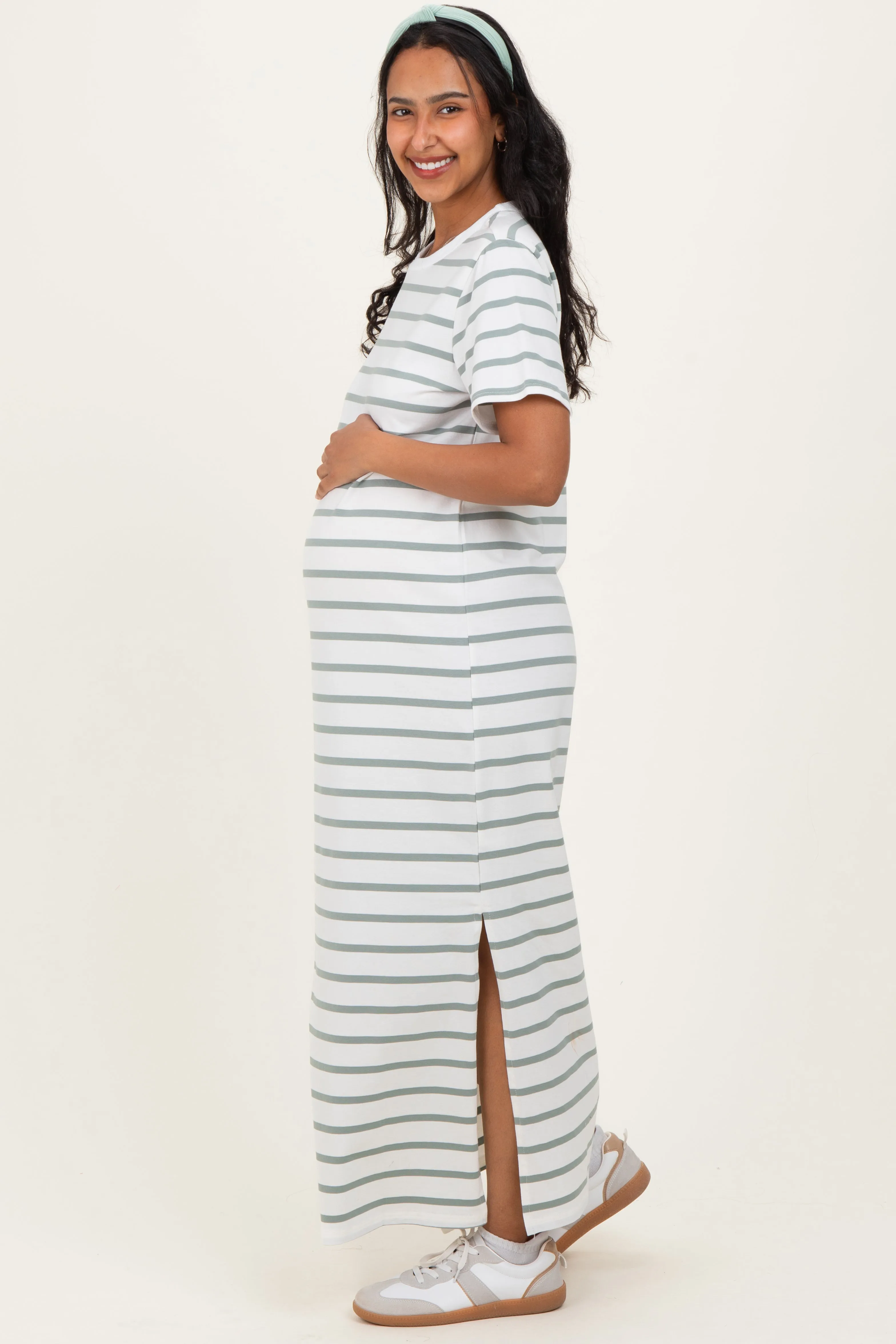 Sage Striped Side Slit Maternity Maxi Dress sold by Pinkblush product image thumbnail 3