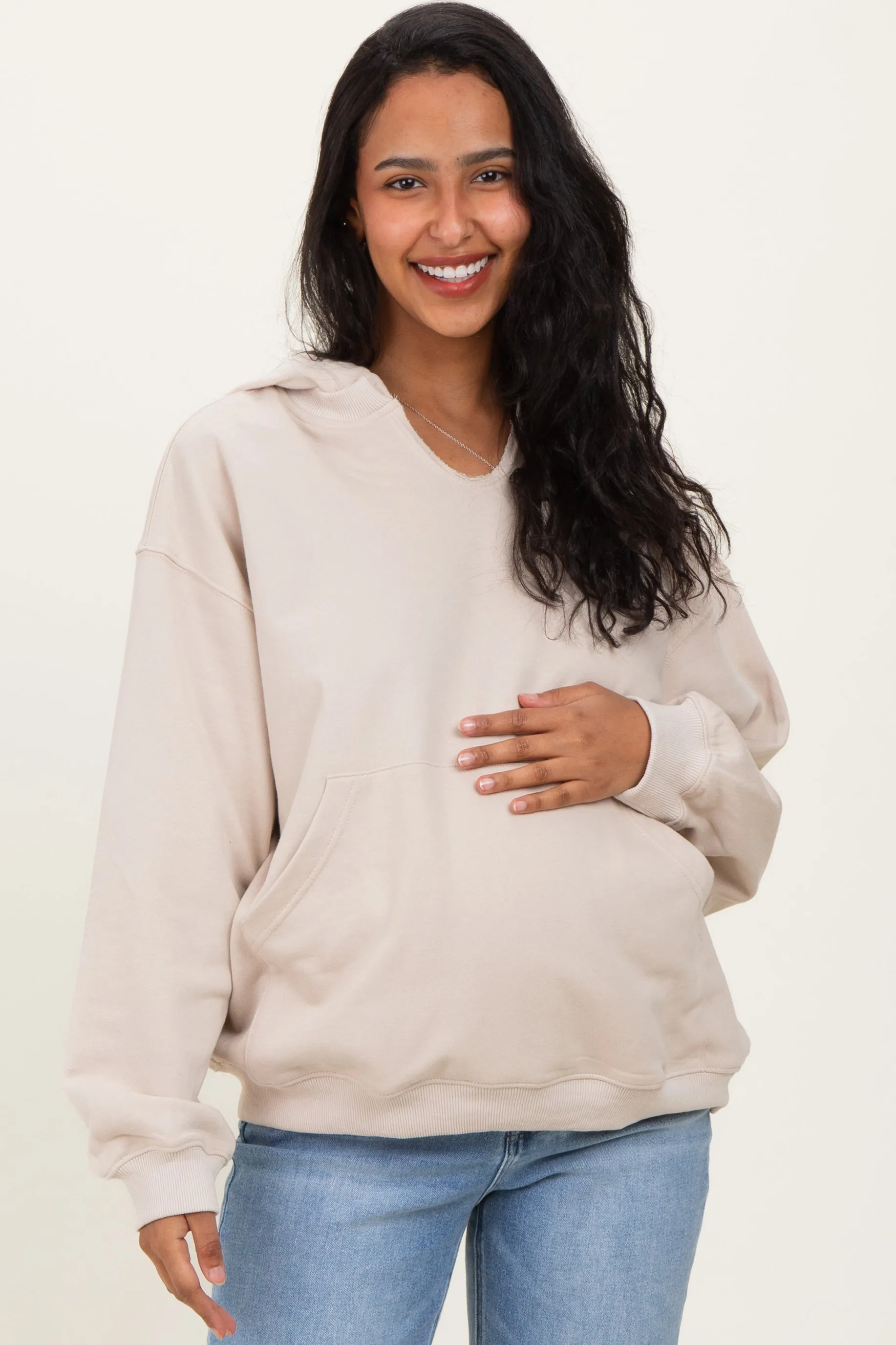 Oatmeal Split Neckline Maternity Hoodie sold by Pinkblush
