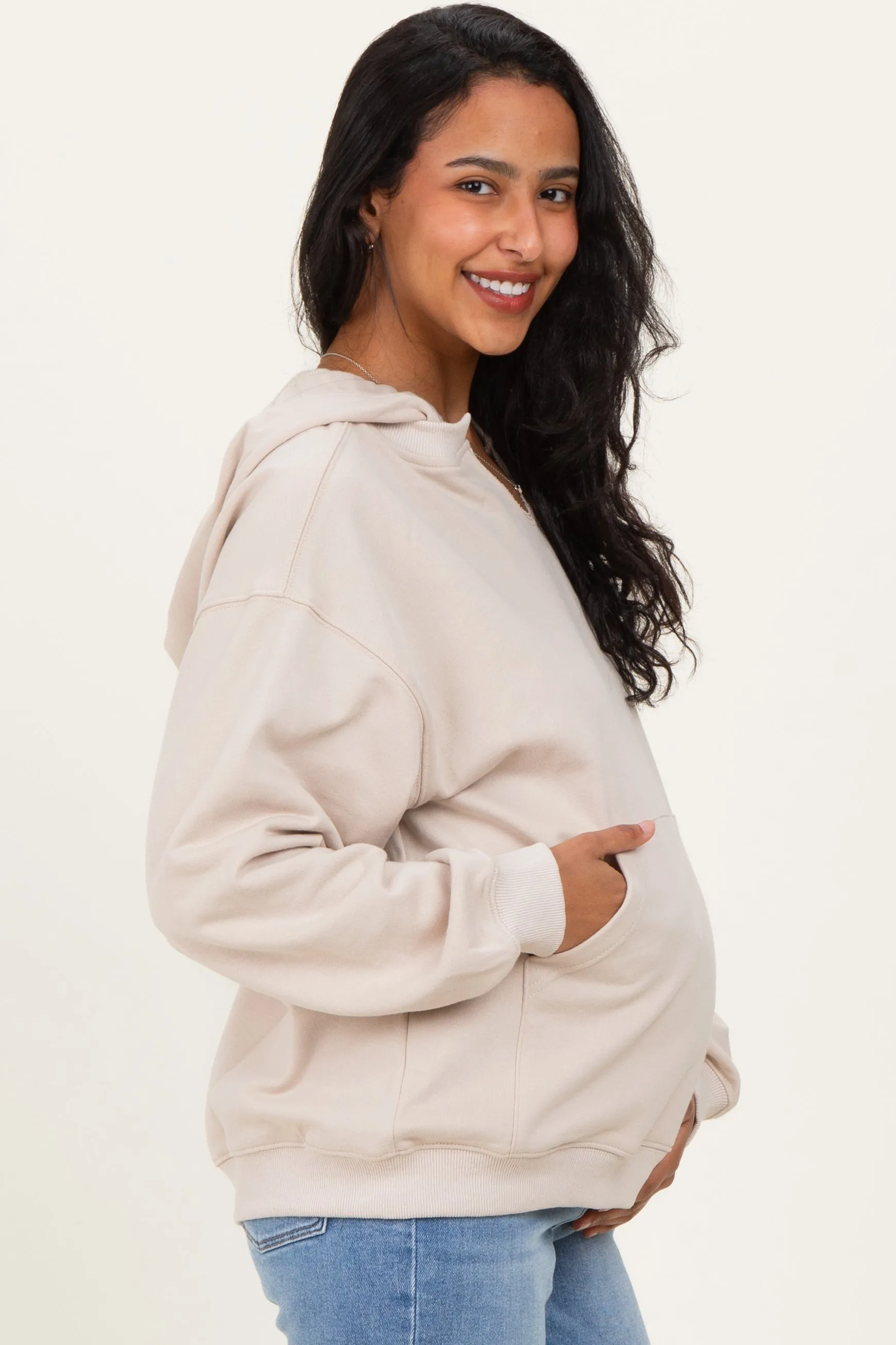 Oatmeal Split Neckline Maternity Hoodie sold by Pinkblush product image thumbnail 3