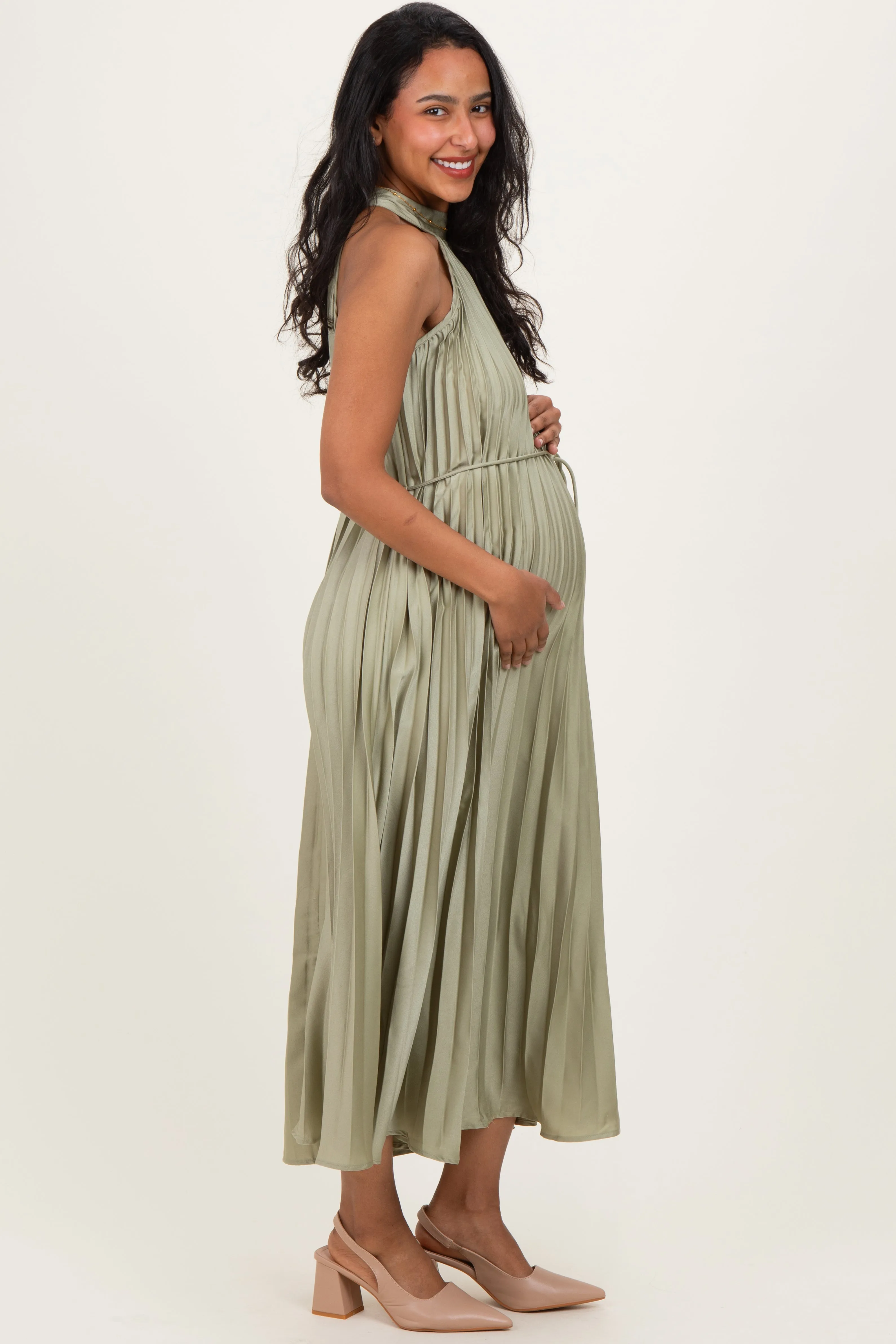 Light Olive Pleated Maternity Halter Dress sold by Pinkblush product image thumbnail 2