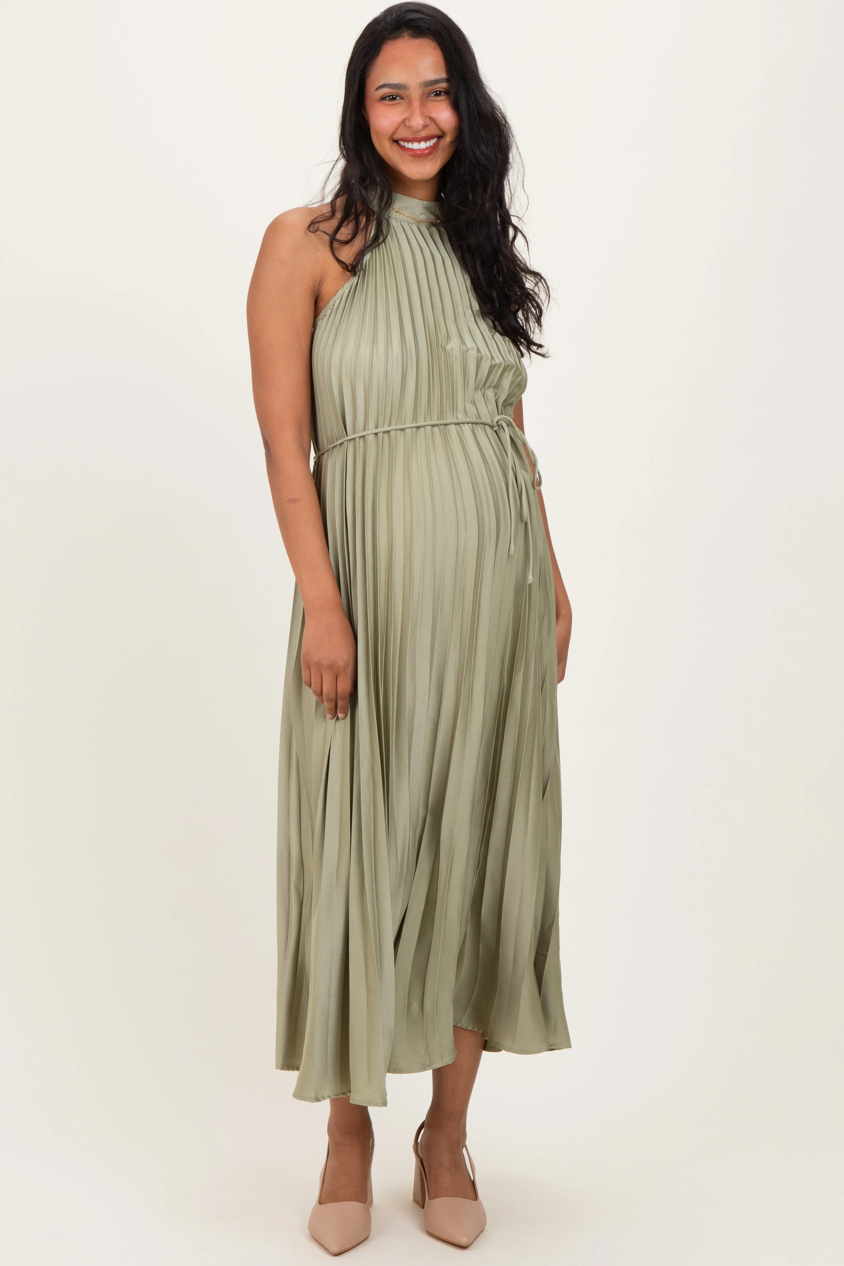 Light Olive Pleated Maternity Halter Dress sold by Pinkblush