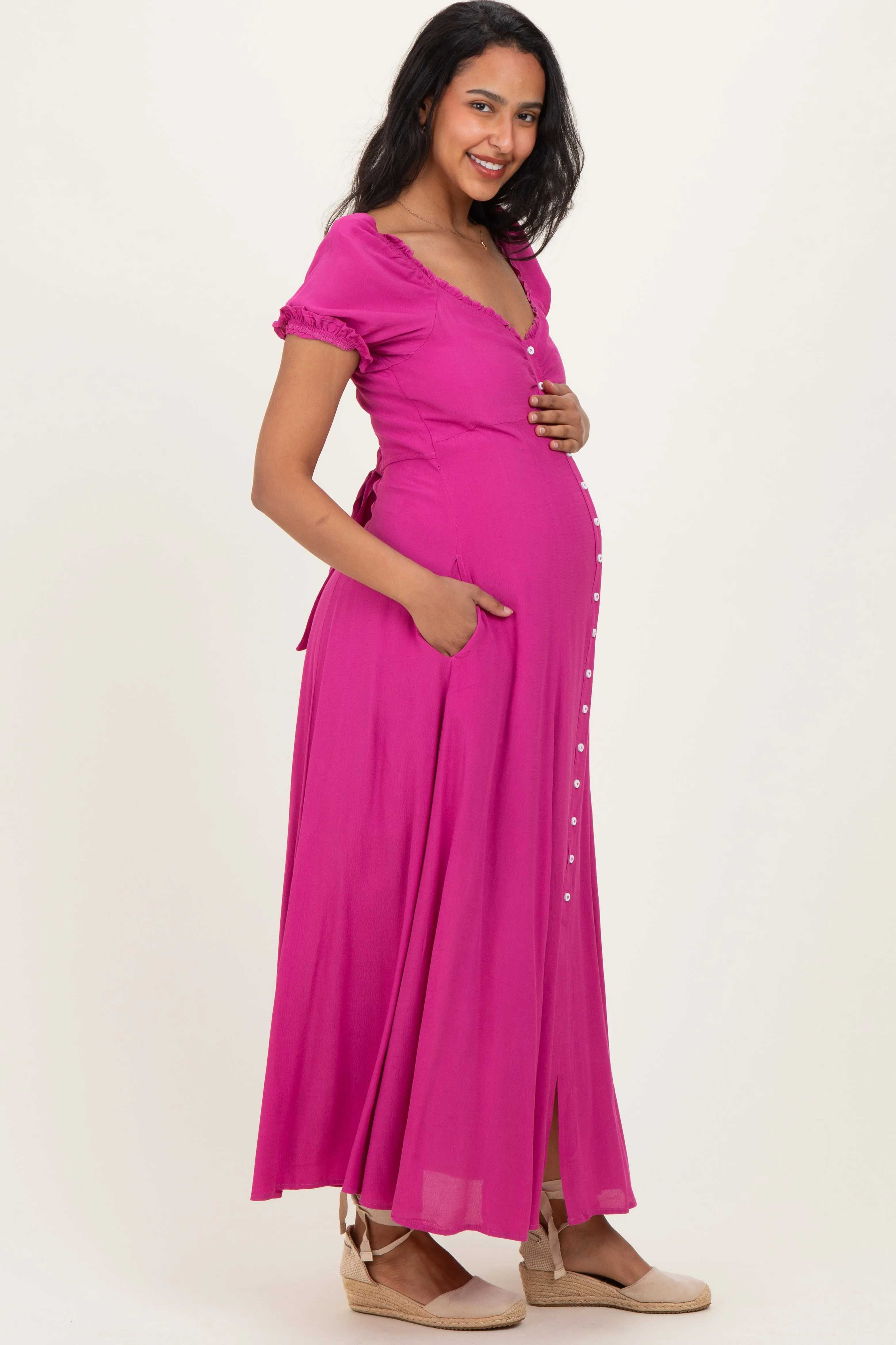 Fuchsia Button Down Ruffle Trim Maternity Maxi Dress sold by Pinkblush product image thumbnail 2