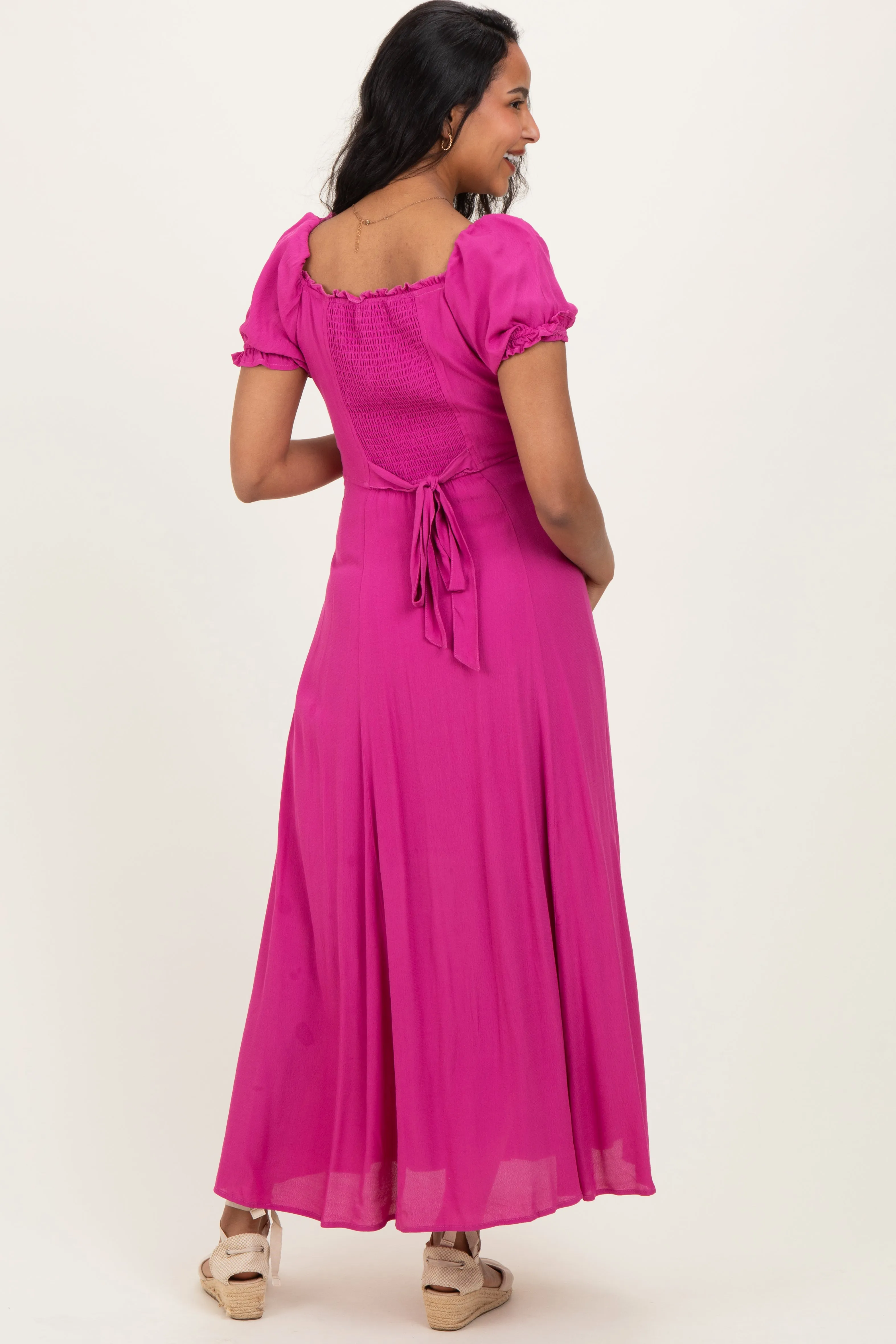 Fuchsia Button Down Ruffle Trim Maternity Maxi Dress sold by Pinkblush product image thumbnail 3