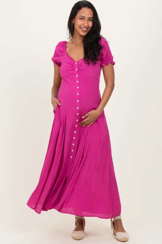 Fuchsia Button Down Ruffle Trim Maternity Maxi Dress sold by Pinkblush