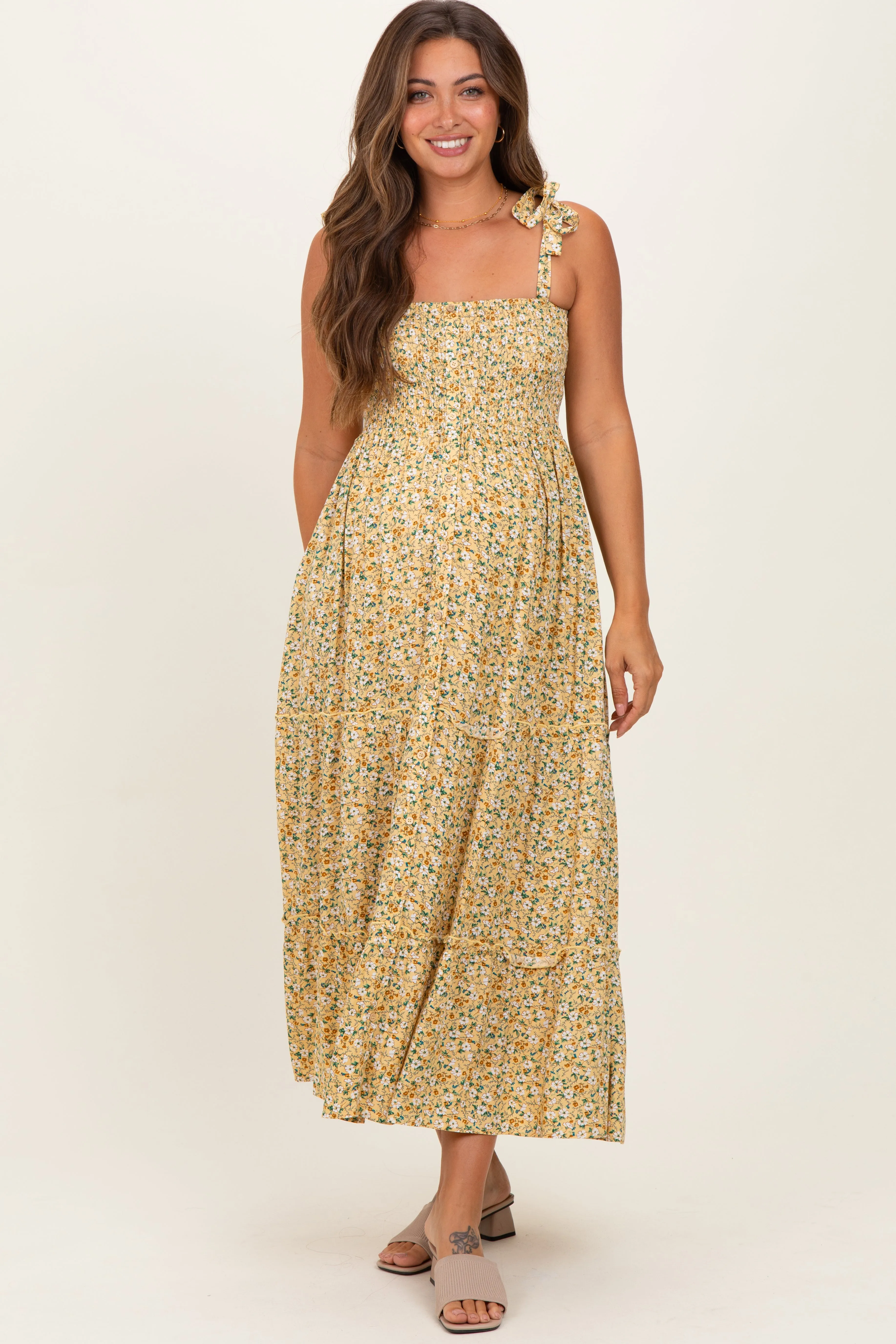 Yellow Floral Button Down Shoulder Tie Maternity Maxi Dress sold by Pinkblush