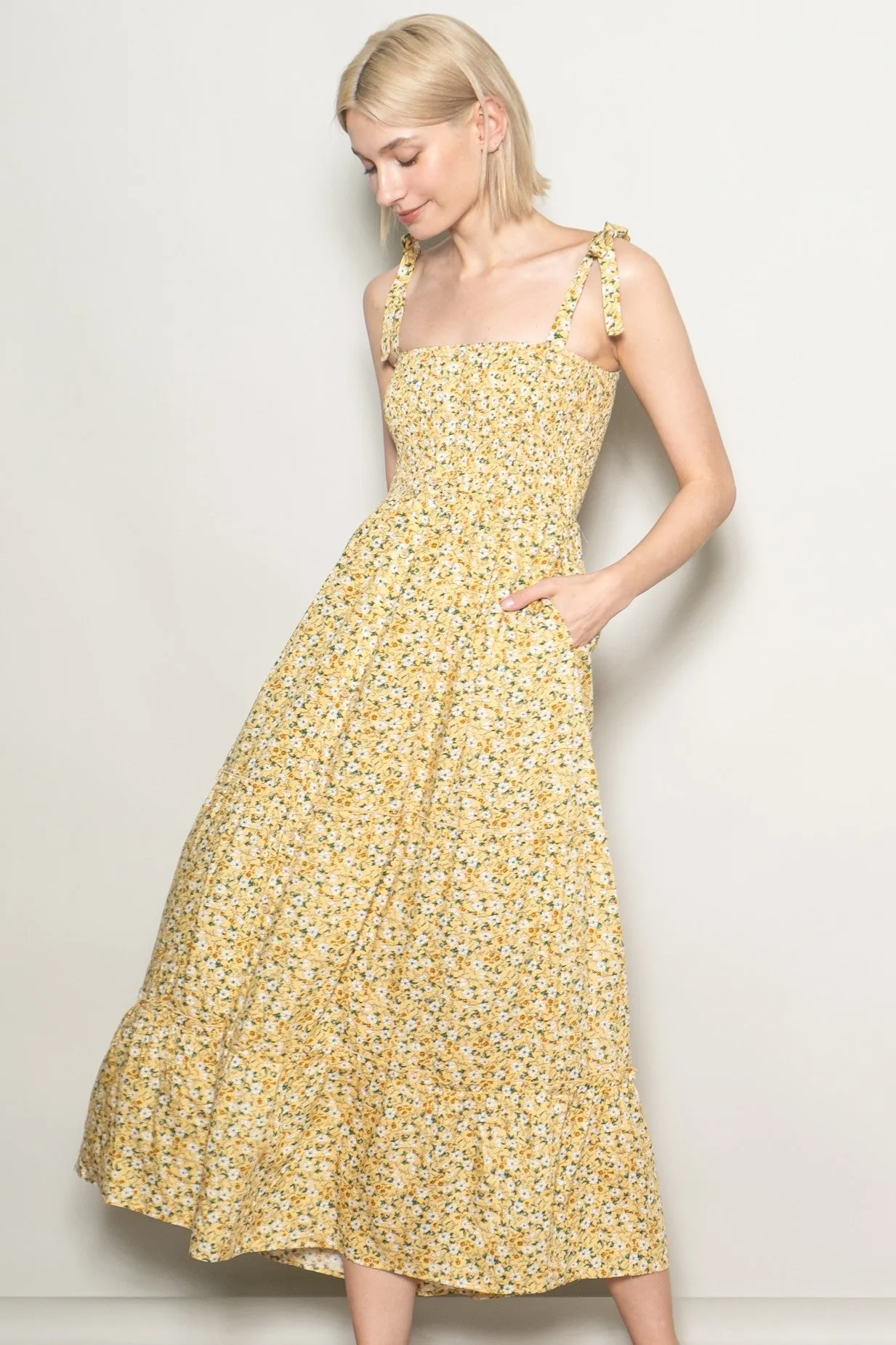 Yellow Floral Button Down Shoulder Tie Maternity Maxi Dress sold by Pinkblush product image thumbnail 5