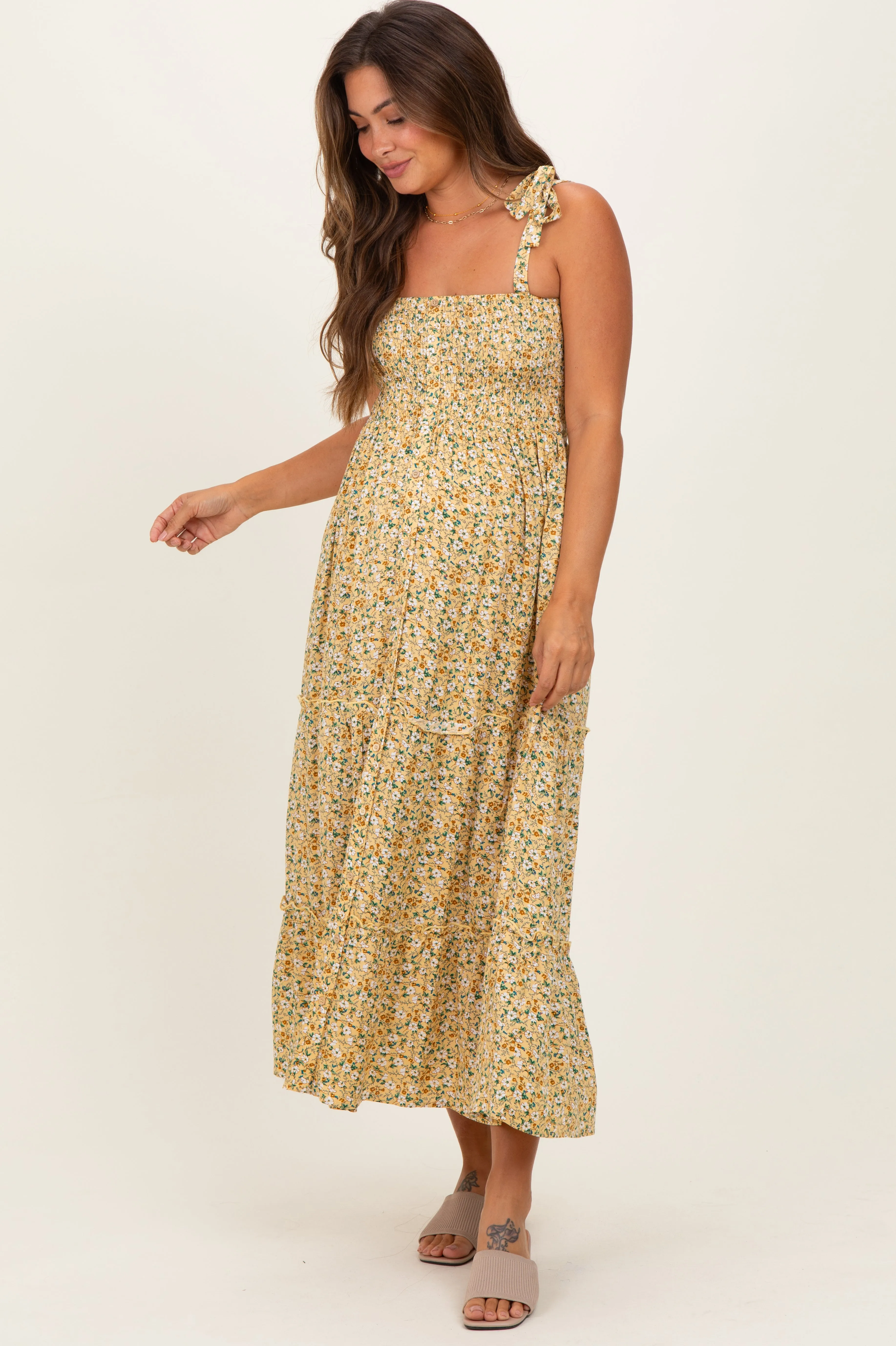 Yellow Floral Button Down Shoulder Tie Maternity Maxi Dress sold by Pinkblush product image thumbnail 2