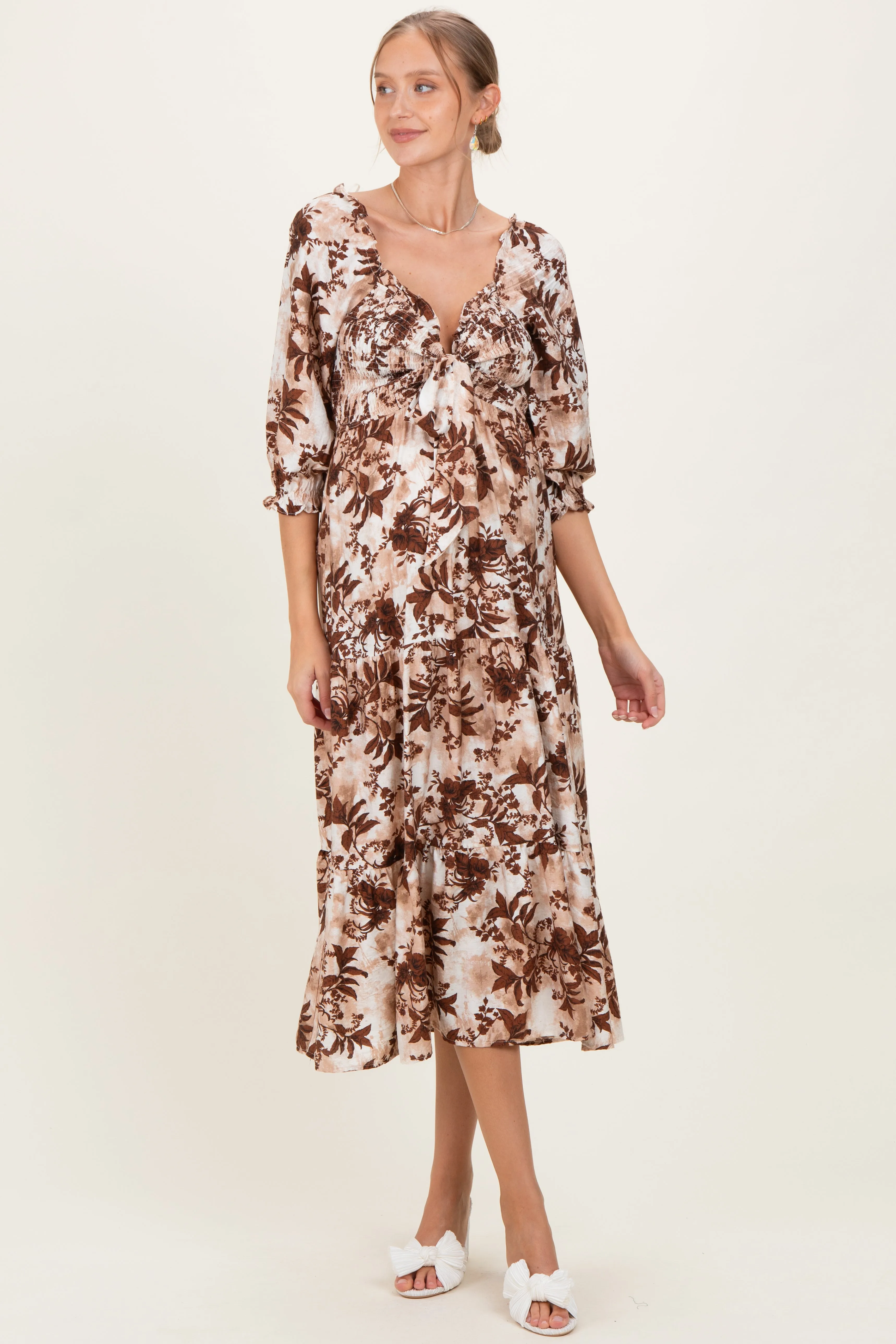 Brown Floral Smocked Front Tie Maternity Maxi Dress sold by Pinkblush product image thumbnail 2
