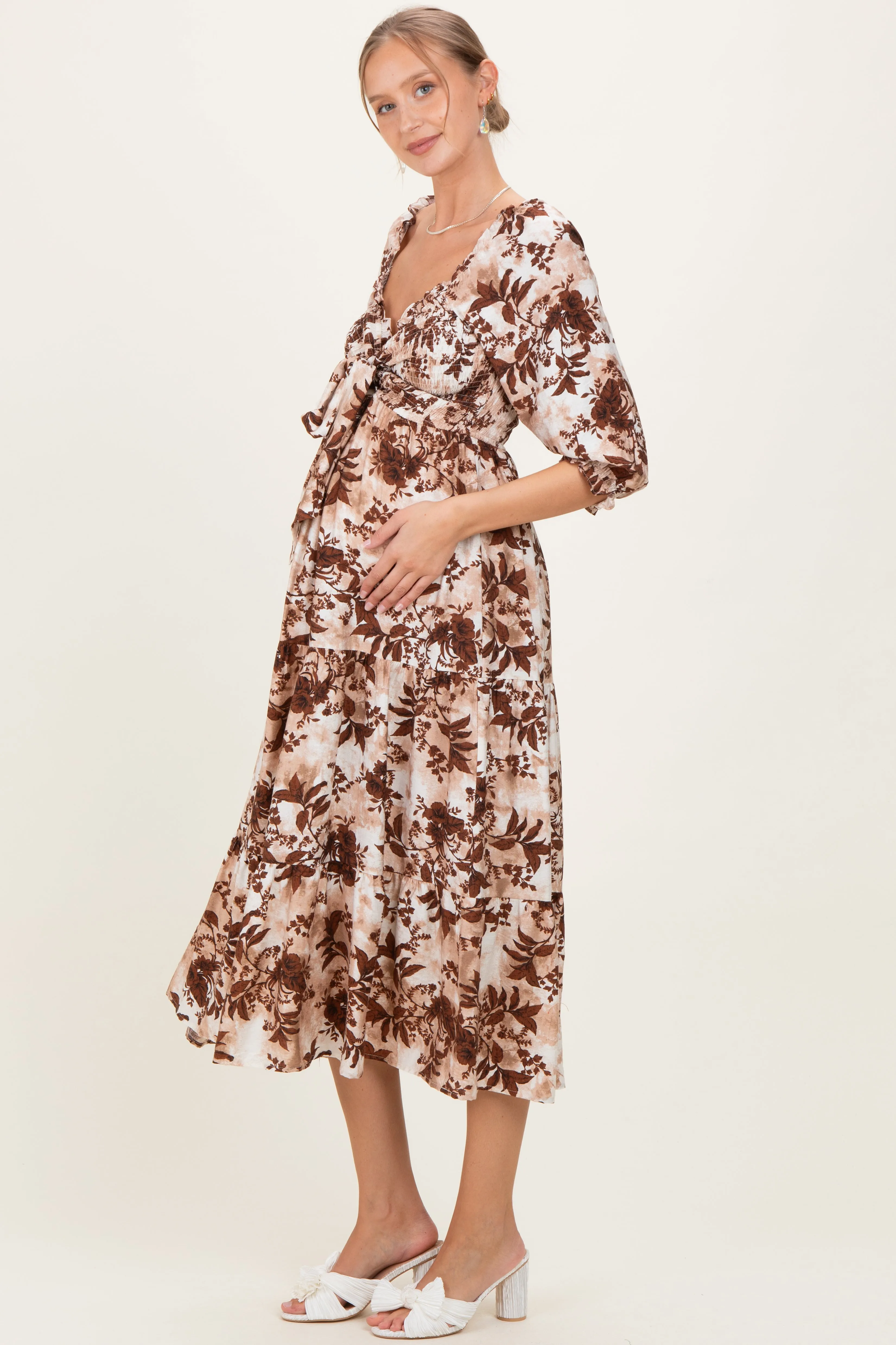 Brown Floral Smocked Front Tie Maternity Maxi Dress sold by Pinkblush product image thumbnail 3
