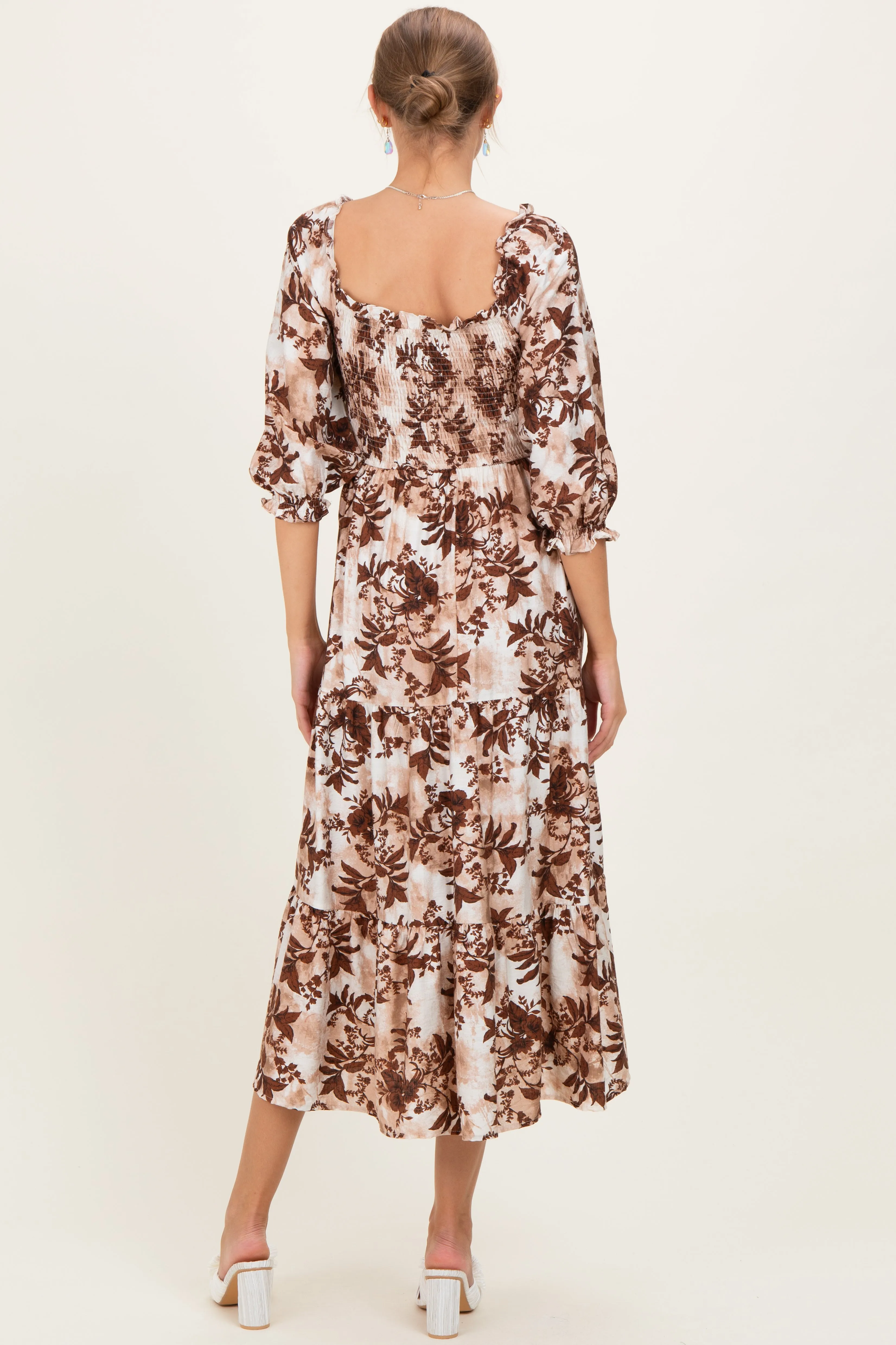 Brown Floral Smocked Front Tie Maternity Maxi Dress sold by Pinkblush product image thumbnail 4