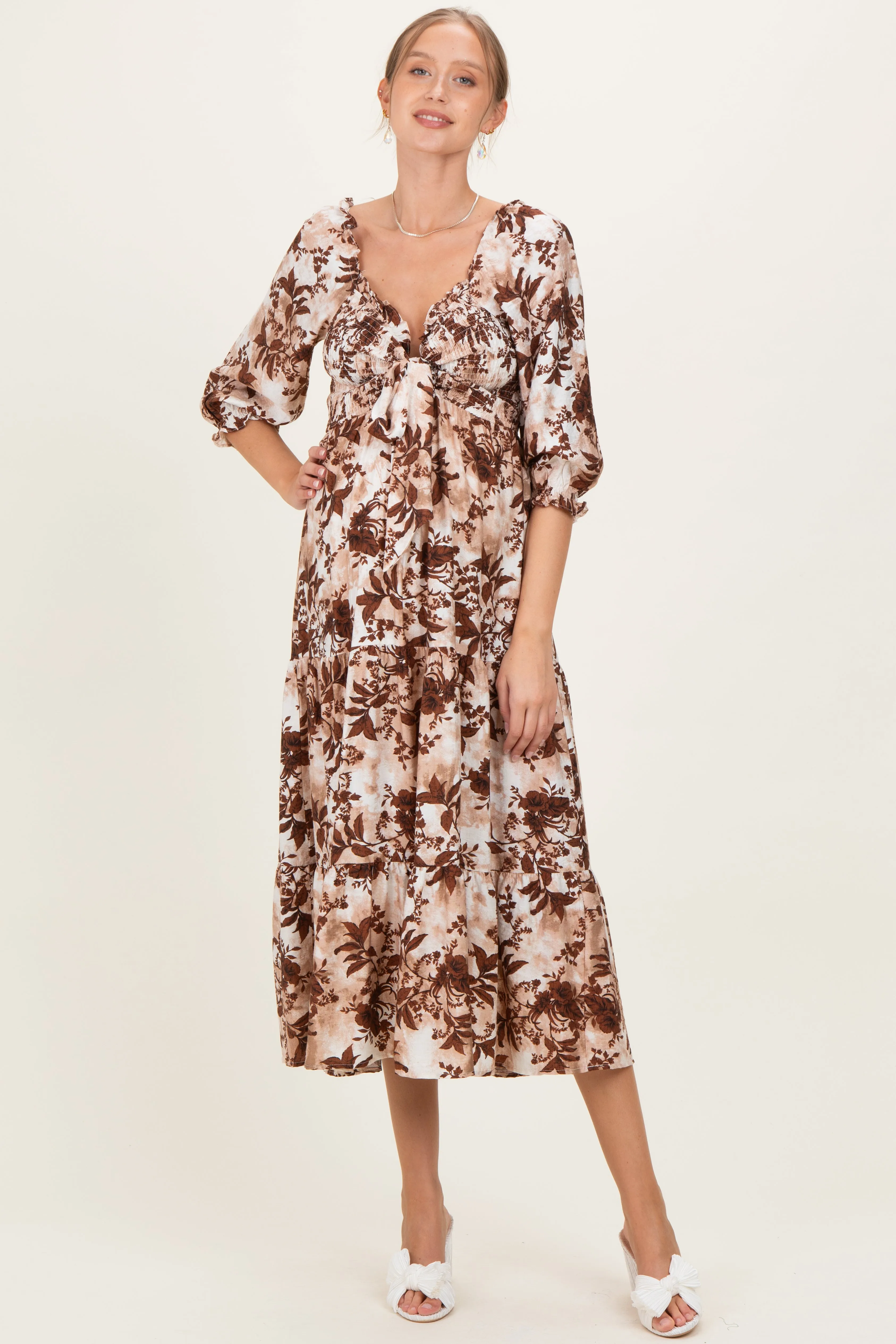 Brown Floral Smocked Front Tie Maternity Maxi Dress sold by Pinkblush
