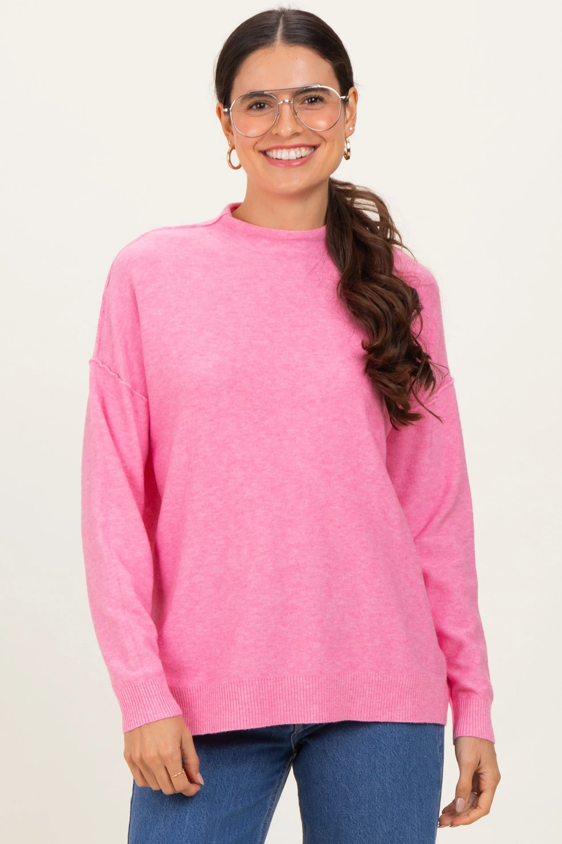 Pink Mock Neck Exposed Seam Sweater sold by Pinkblush