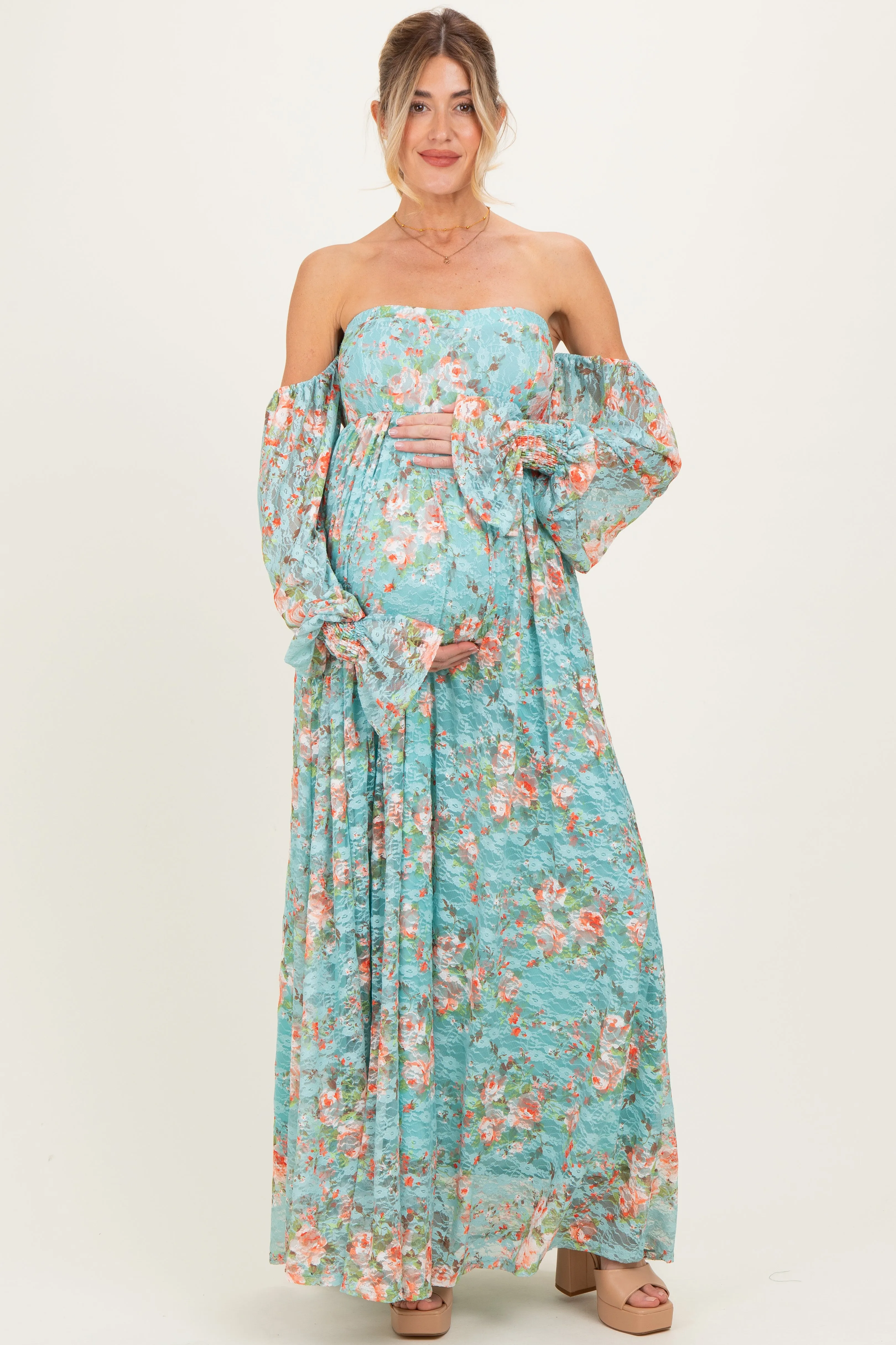 Mint Floral Lace Smocked Long Sleeve Off Shoulder Maternity Maxi Dress sold by Pinkblush
