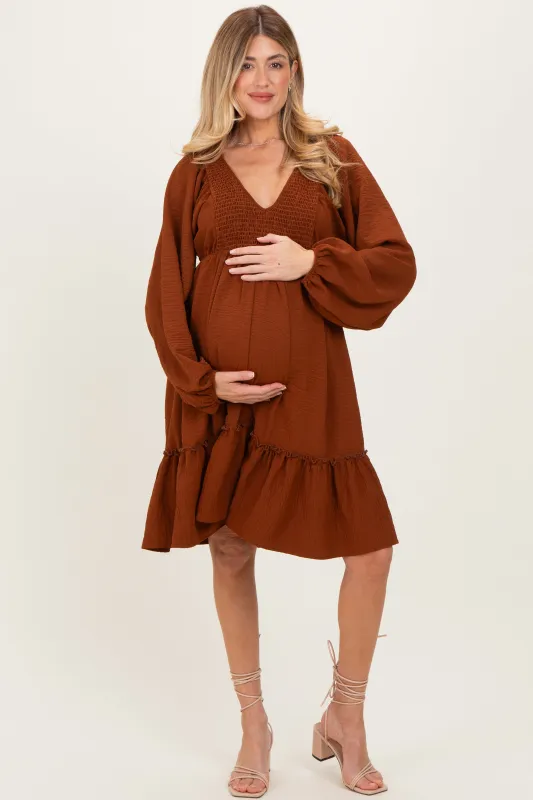 Brown Long Sleeve V-Neck Tiered Maternity Midi Dress sold by Pinkblush