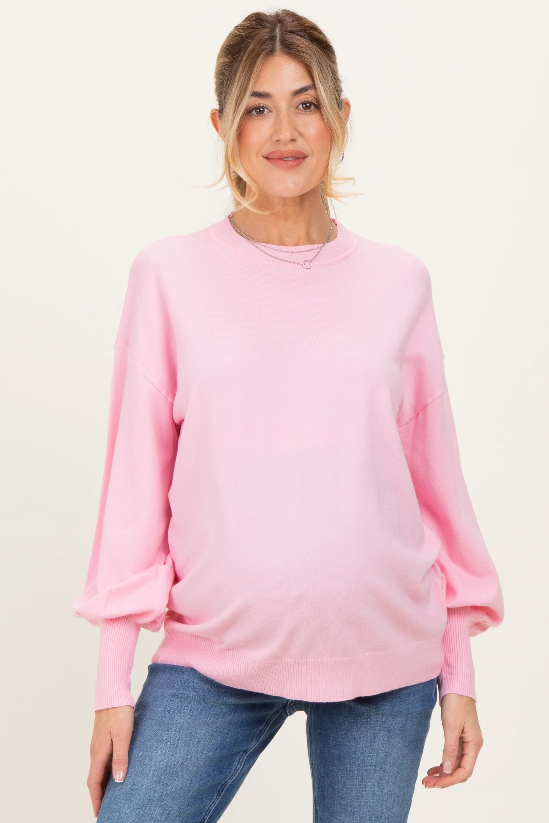 Light Pink Fine Knit Balloon Sleeve Maternity Sweater sold by Pinkblush