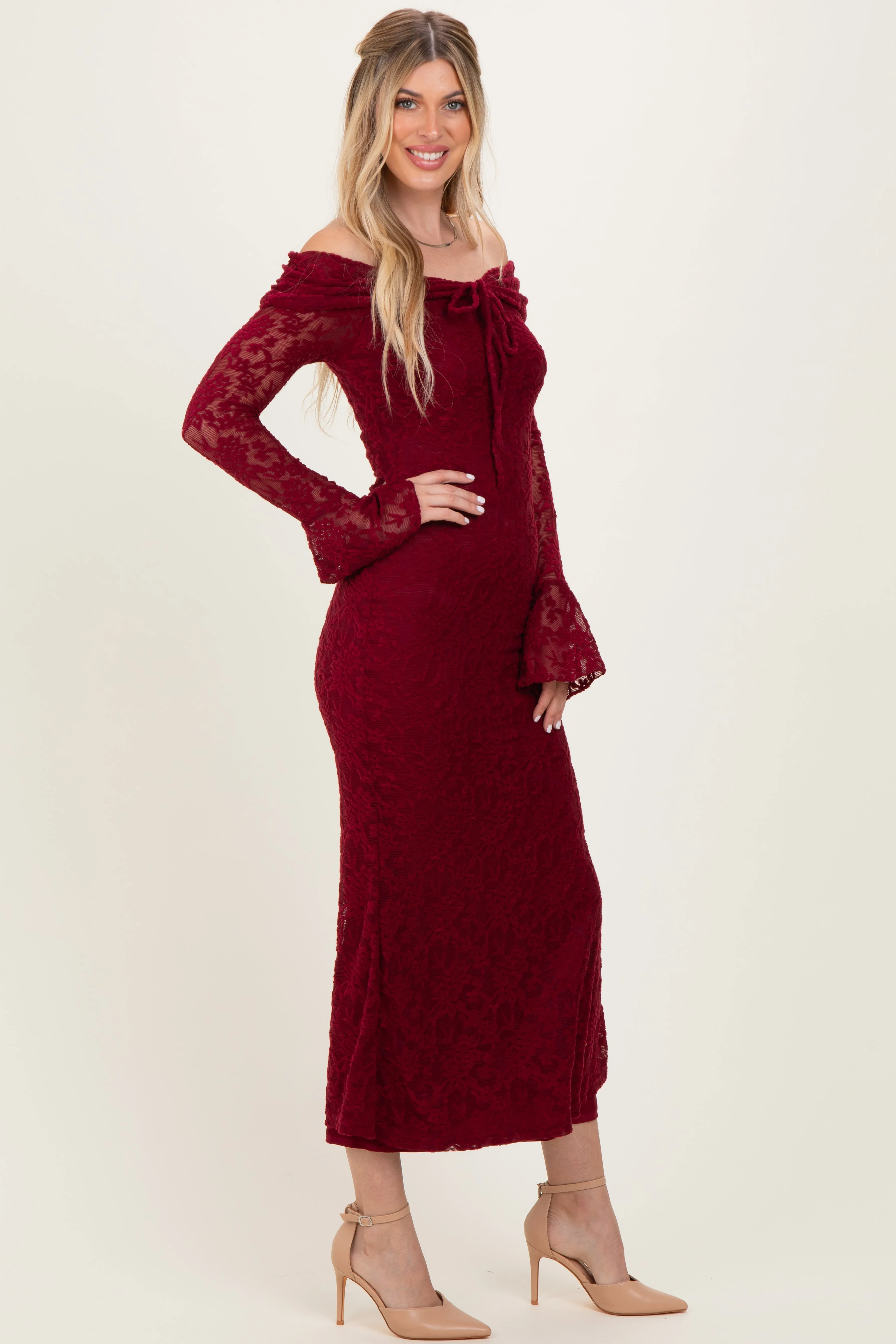 Burgundy Lace Off Shoulder Maternity Maxi Dress sold by Pinkblush product image thumbnail 5