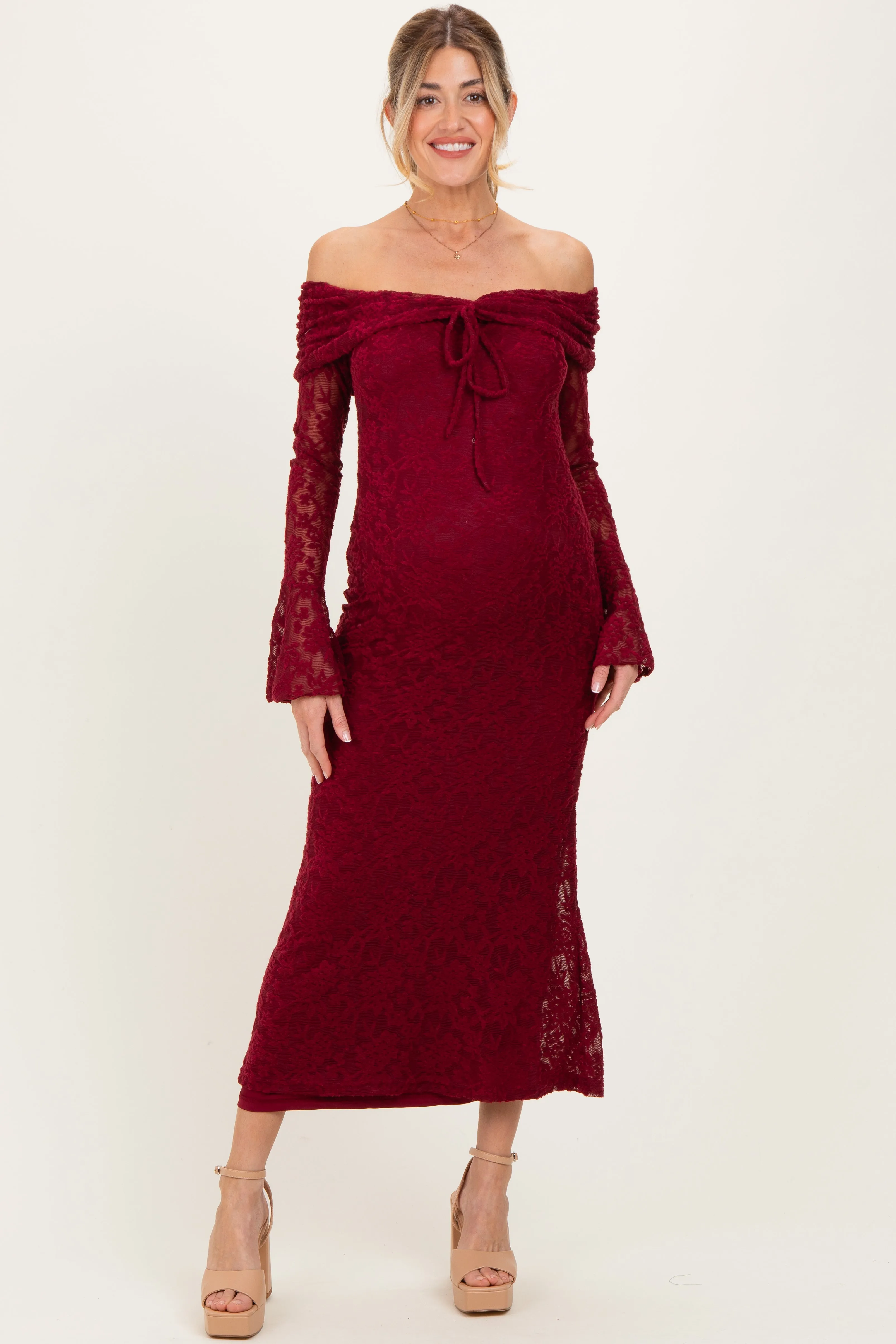 Burgundy Lace Off Shoulder Maternity Maxi Dress sold by Pinkblush product image thumbnail 2