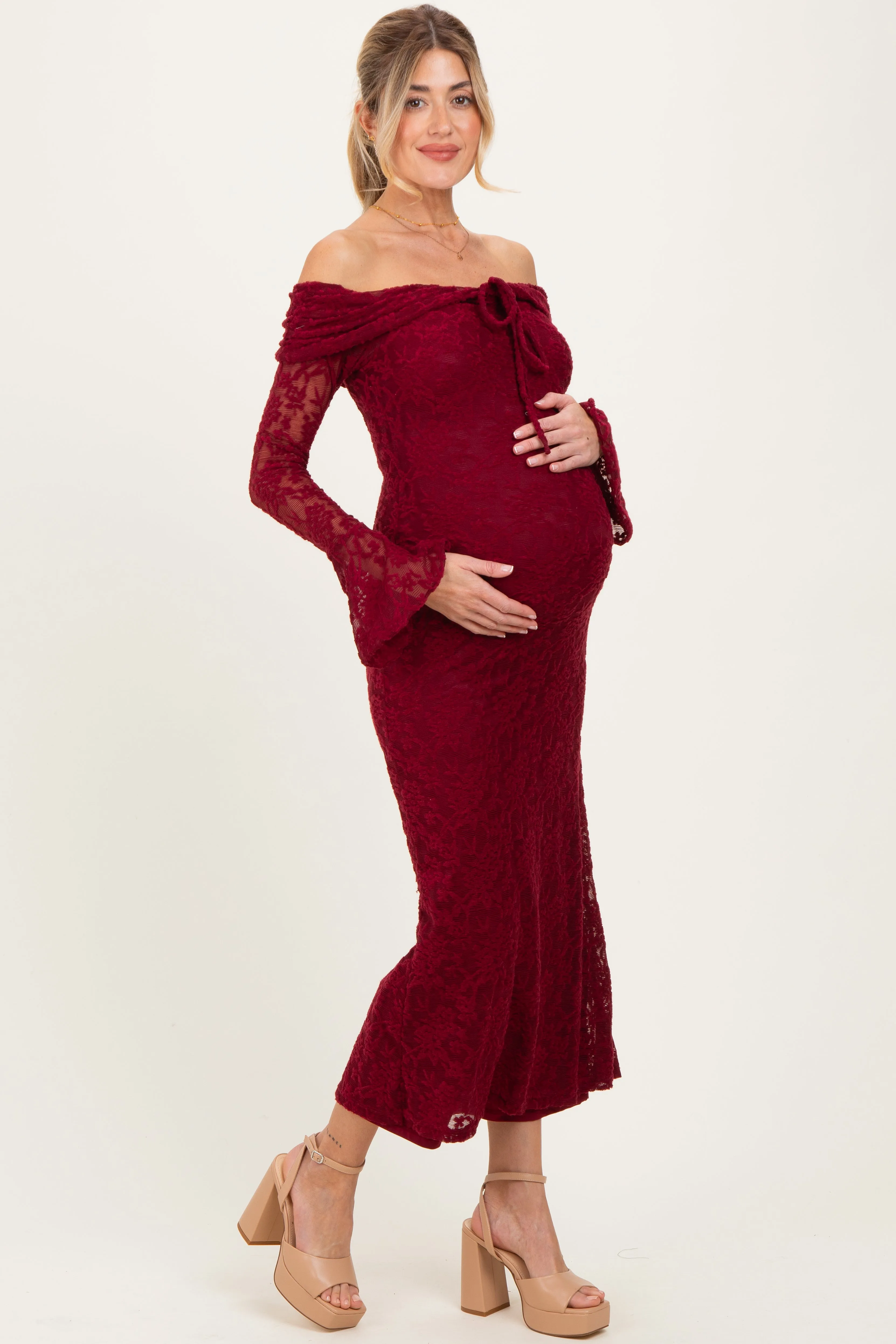 Burgundy Lace Off Shoulder Maternity Maxi Dress sold by Pinkblush product image thumbnail 3