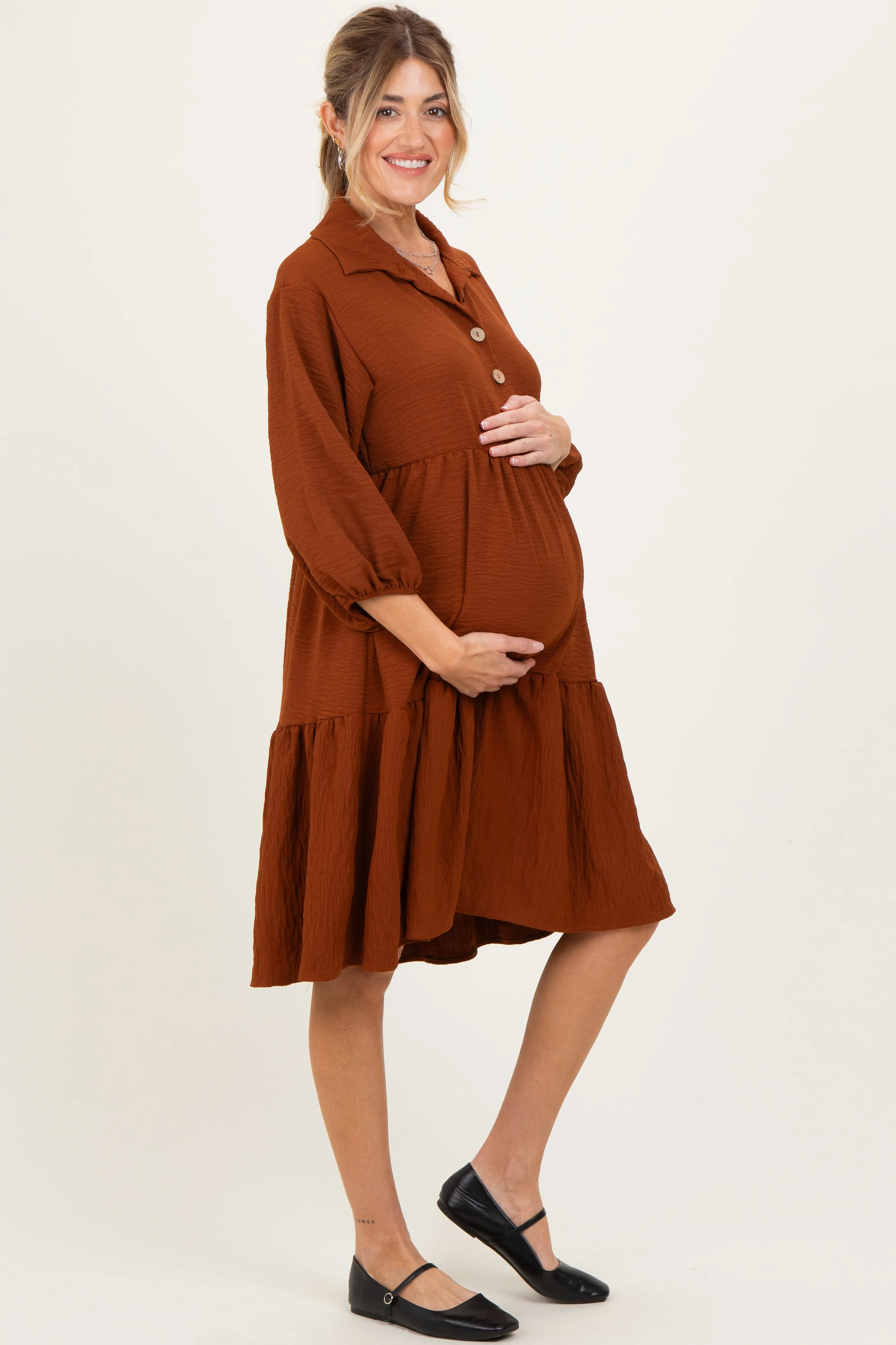 Camel Long Sleeve Button Down Collared Tiered Maternity Dress sold by Pinkblush product image thumbnail 2