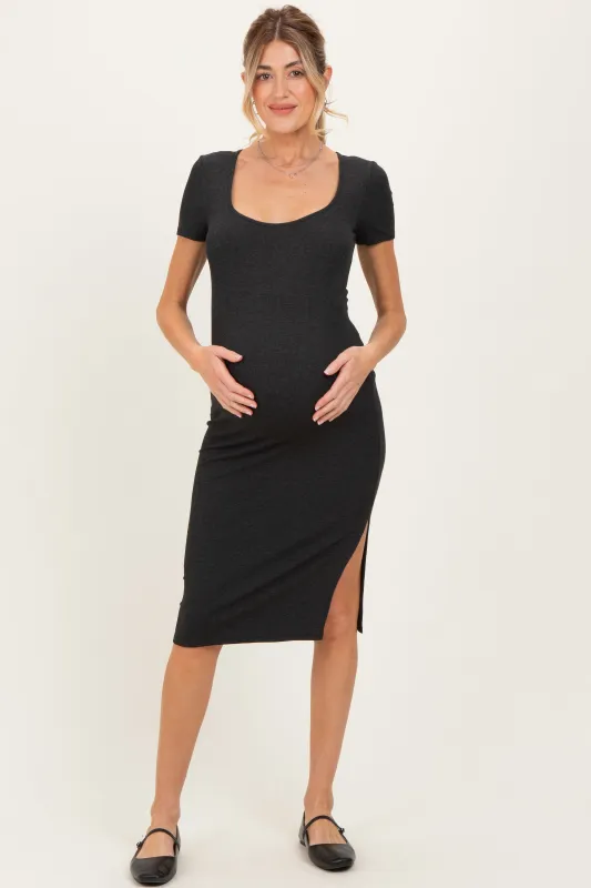 Charcoal Square Neck Side Slit Maternity Midi Dress made by Pinkblush