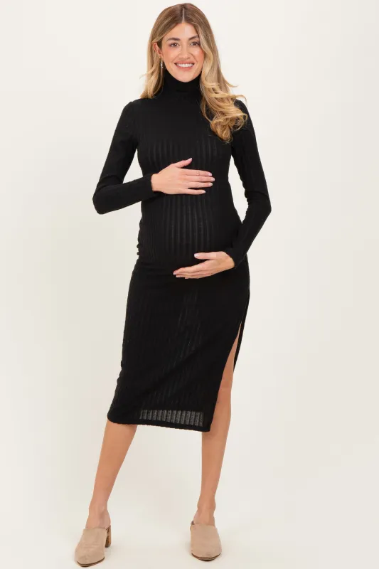 Black Ribbed Knit Turtleneck Side Slit Maternity Dress sold by Pinkblush