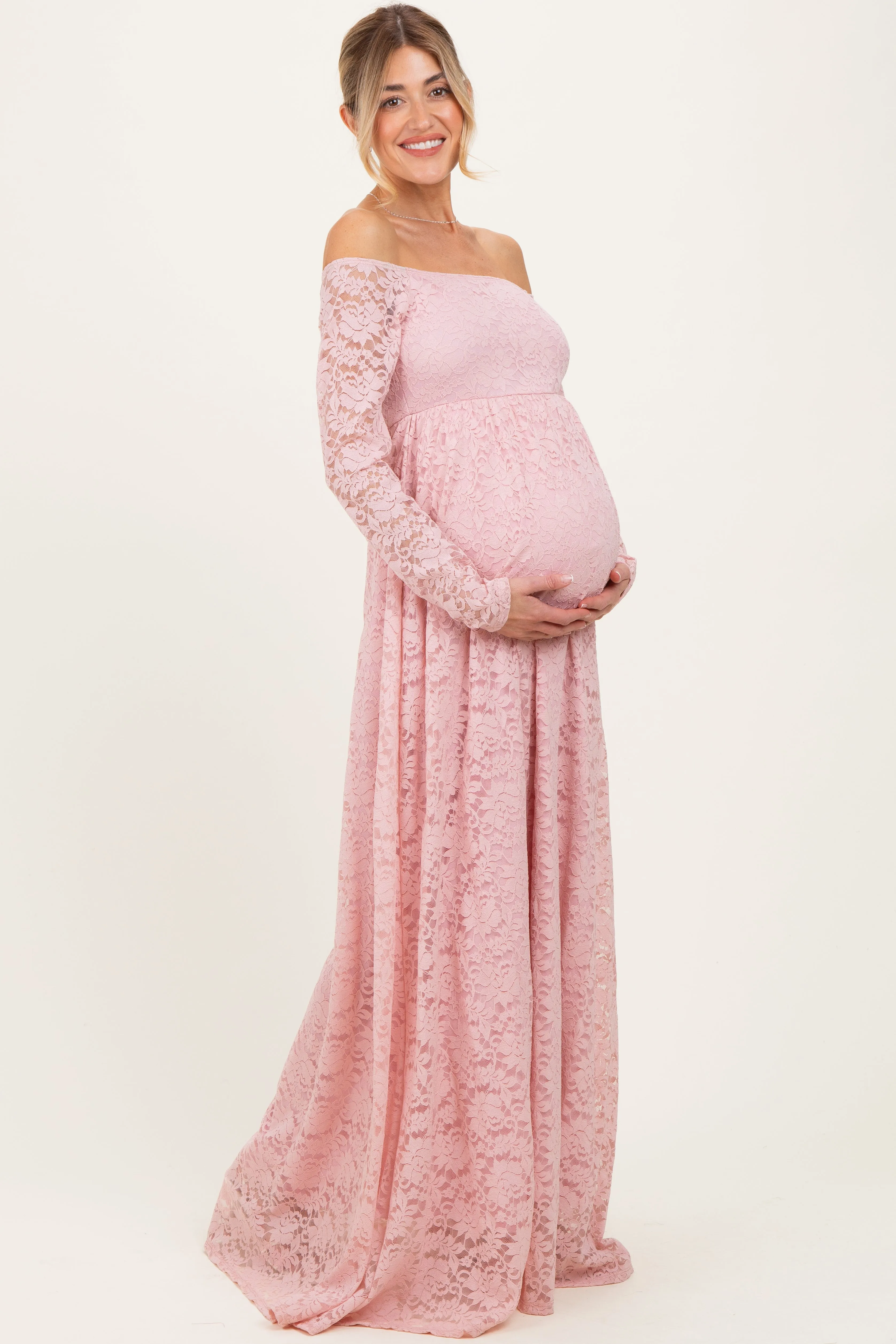 Light Pink Floral Lace Long Sleeve Off Shoulder Maternity Maxi Dress sold by Pinkblush product image thumbnail 3