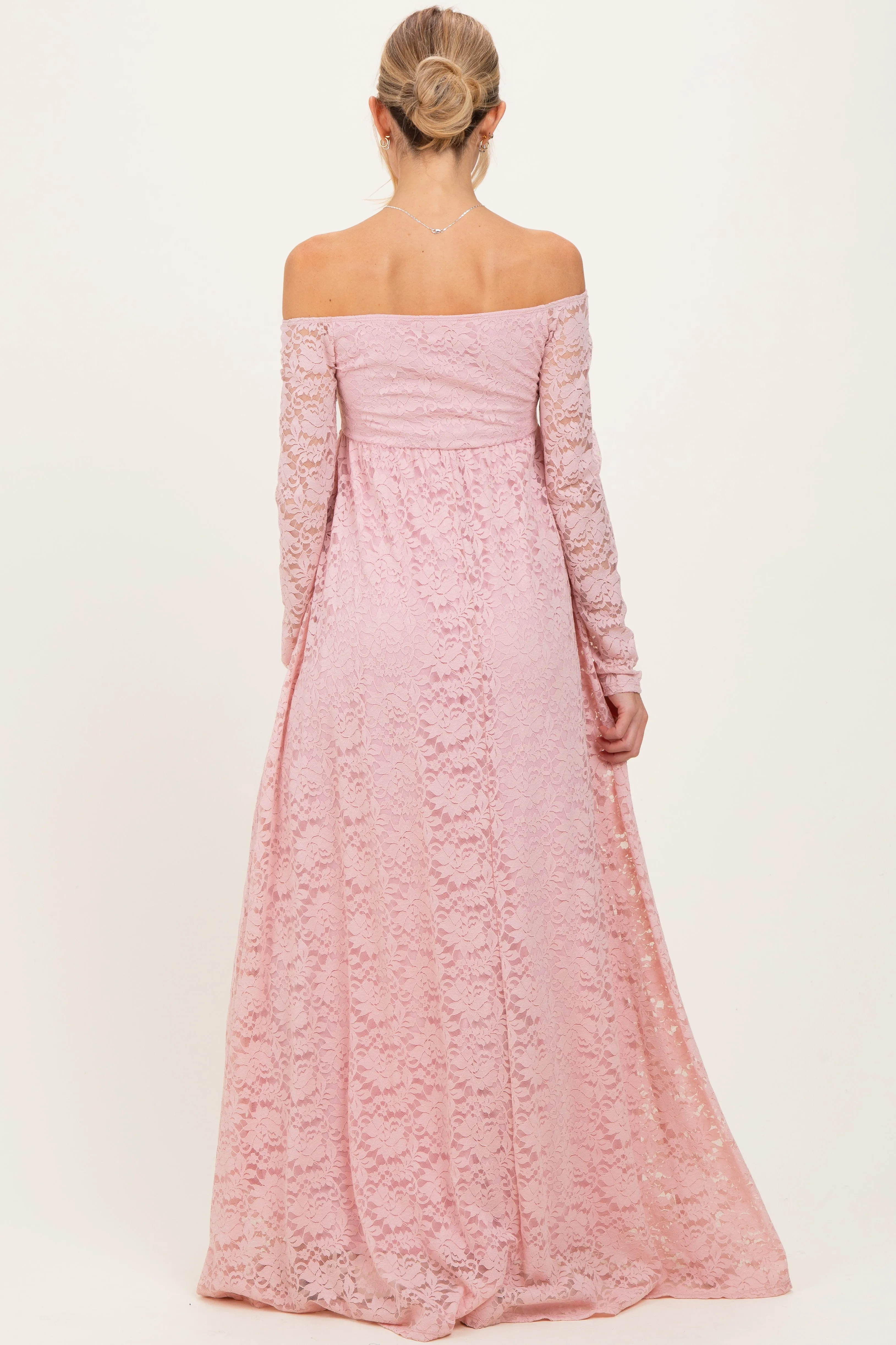 Light Pink Floral Lace Long Sleeve Off Shoulder Maternity Maxi Dress sold by Pinkblush product image thumbnail 4