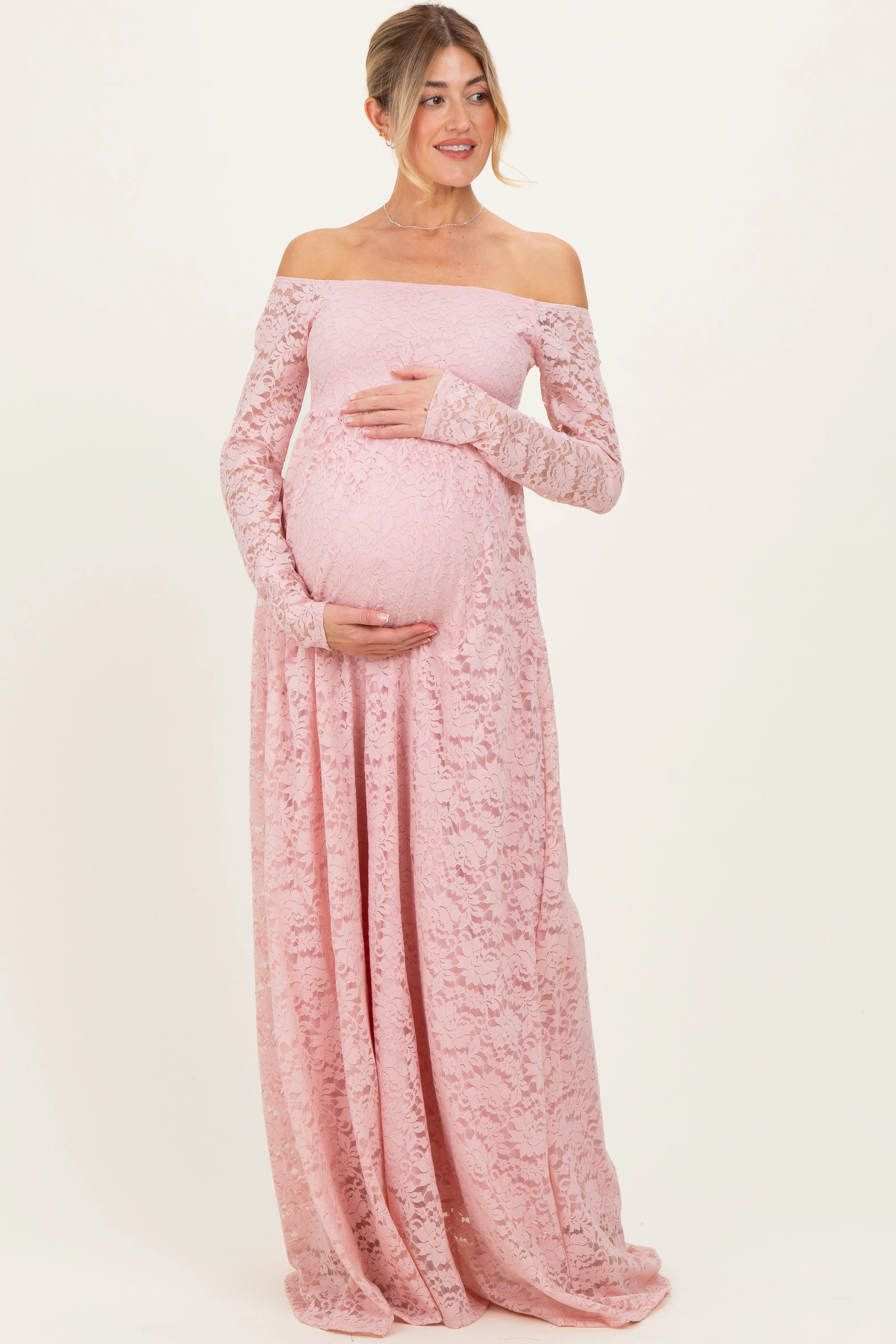 Light Pink Floral Lace Long Sleeve Off Shoulder Maternity Maxi Dress sold by Pinkblush