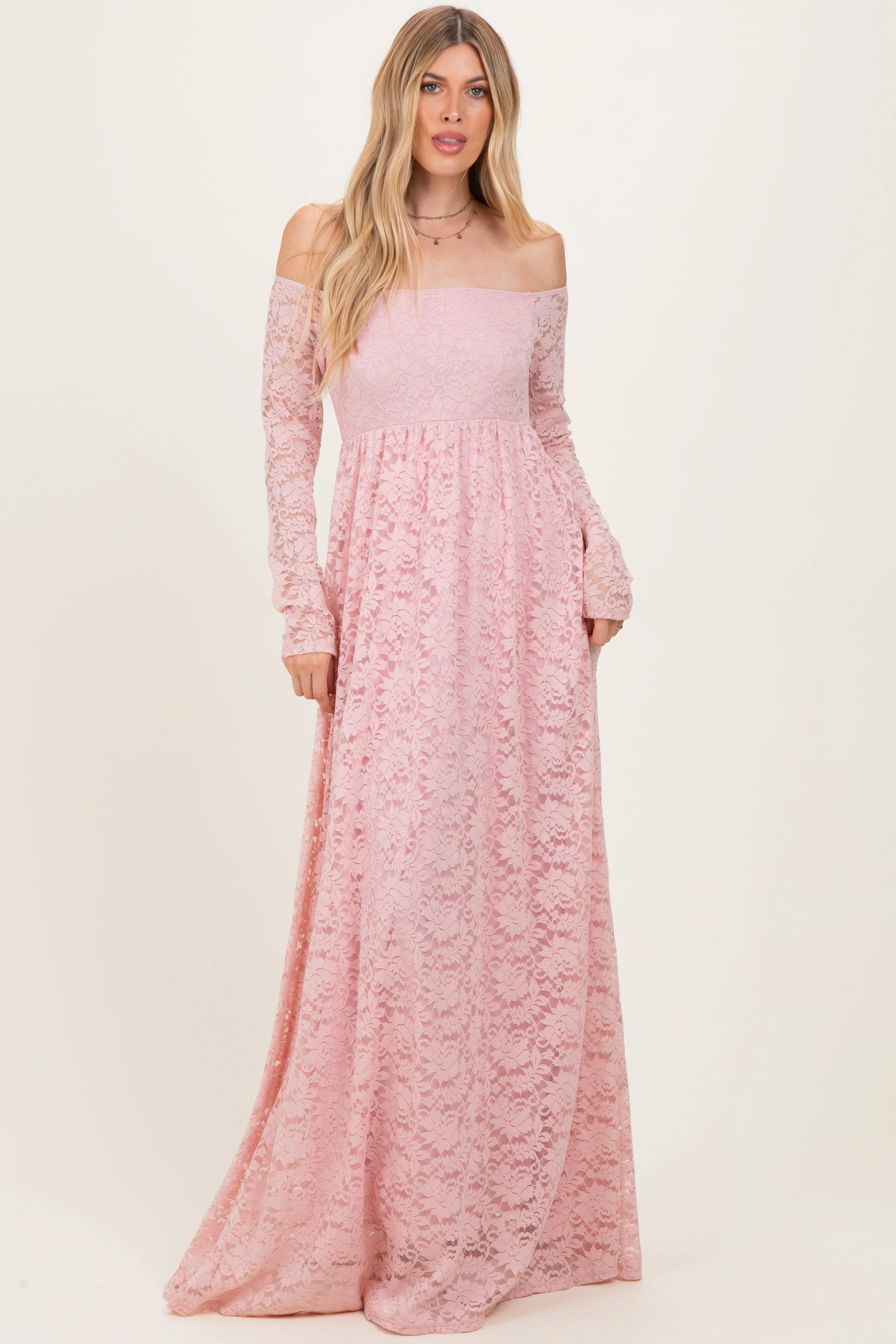 Light Pink Floral Lace Long Sleeve Off Shoulder Maternity Maxi Dress sold by Pinkblush product image thumbnail 5