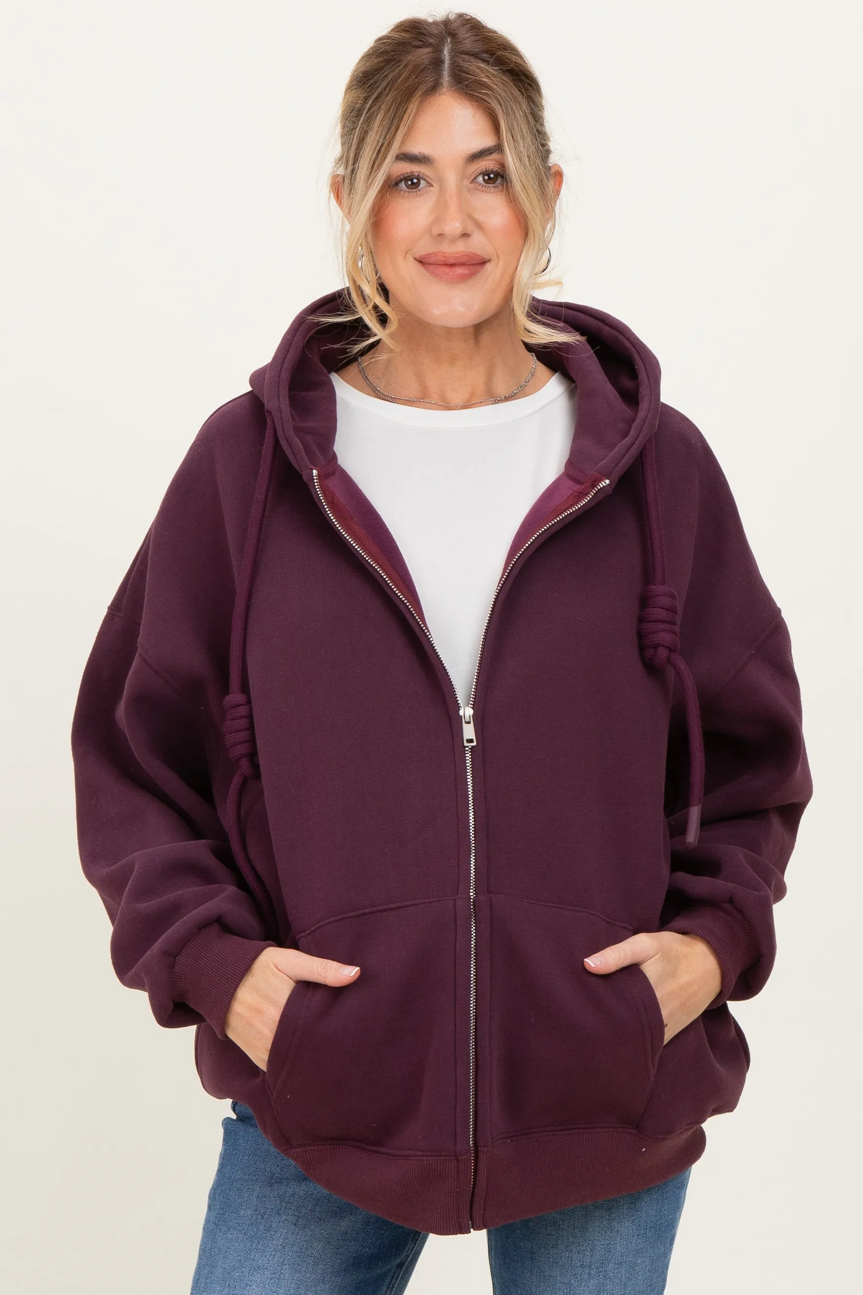Burgundy Oversized Maternity Zip Up Hoodie sold by Pinkblush