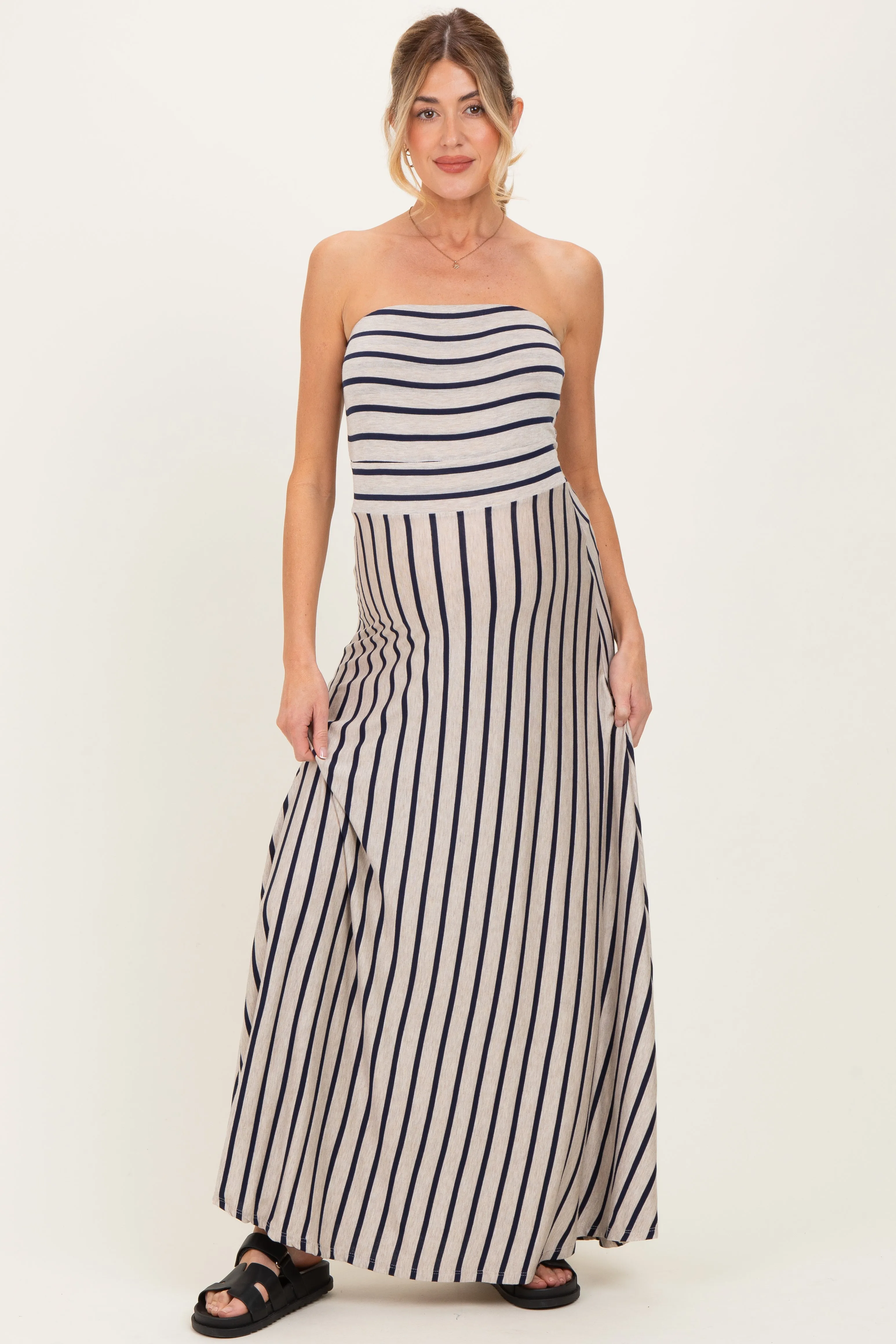 Oatmeal Striped Strapless Maternity Maxi Dress sold by Pinkblush