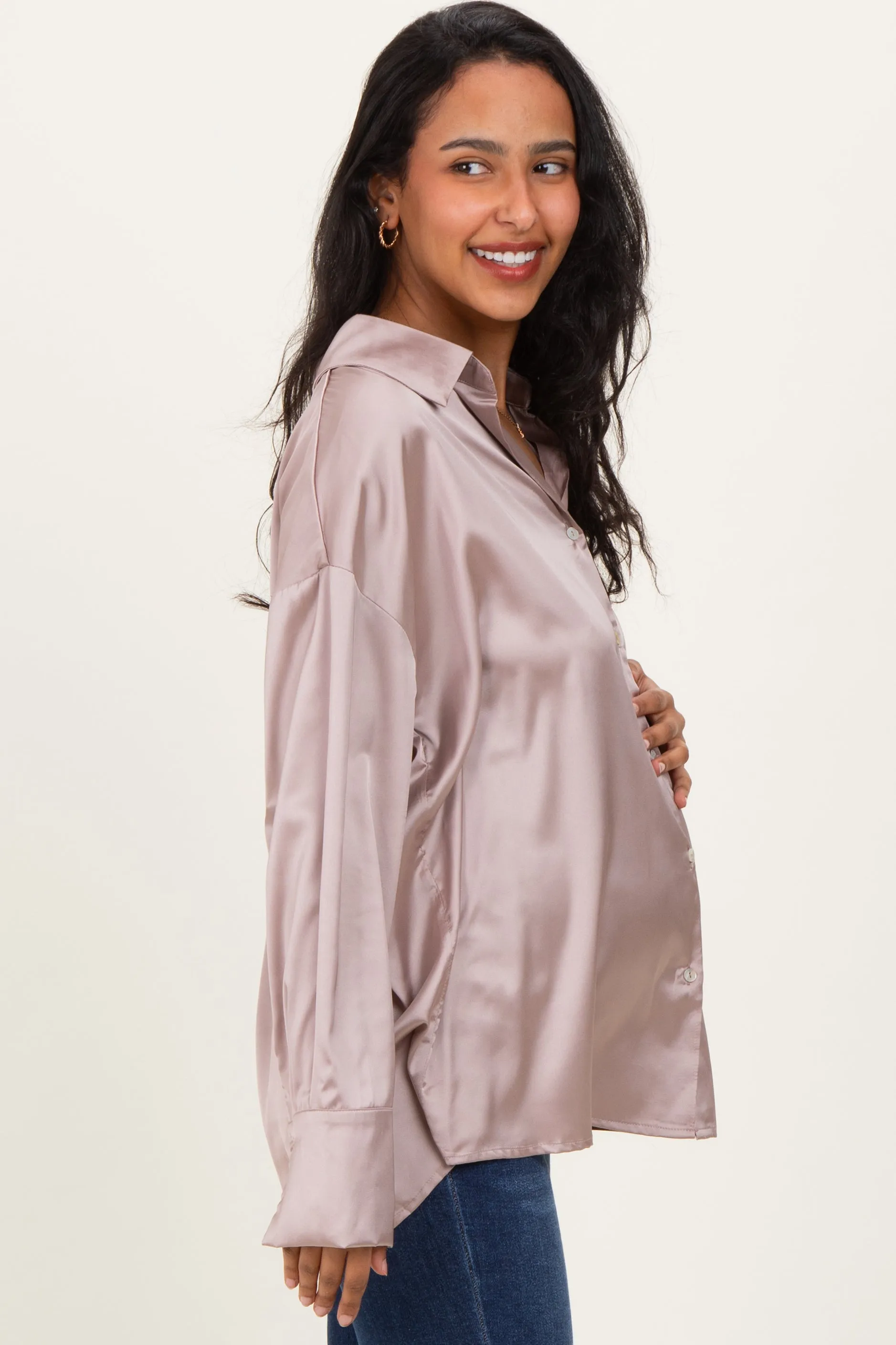 Light Mocha Satin Button Up Maternity Blouse sold by Pinkblush product image thumbnail 3