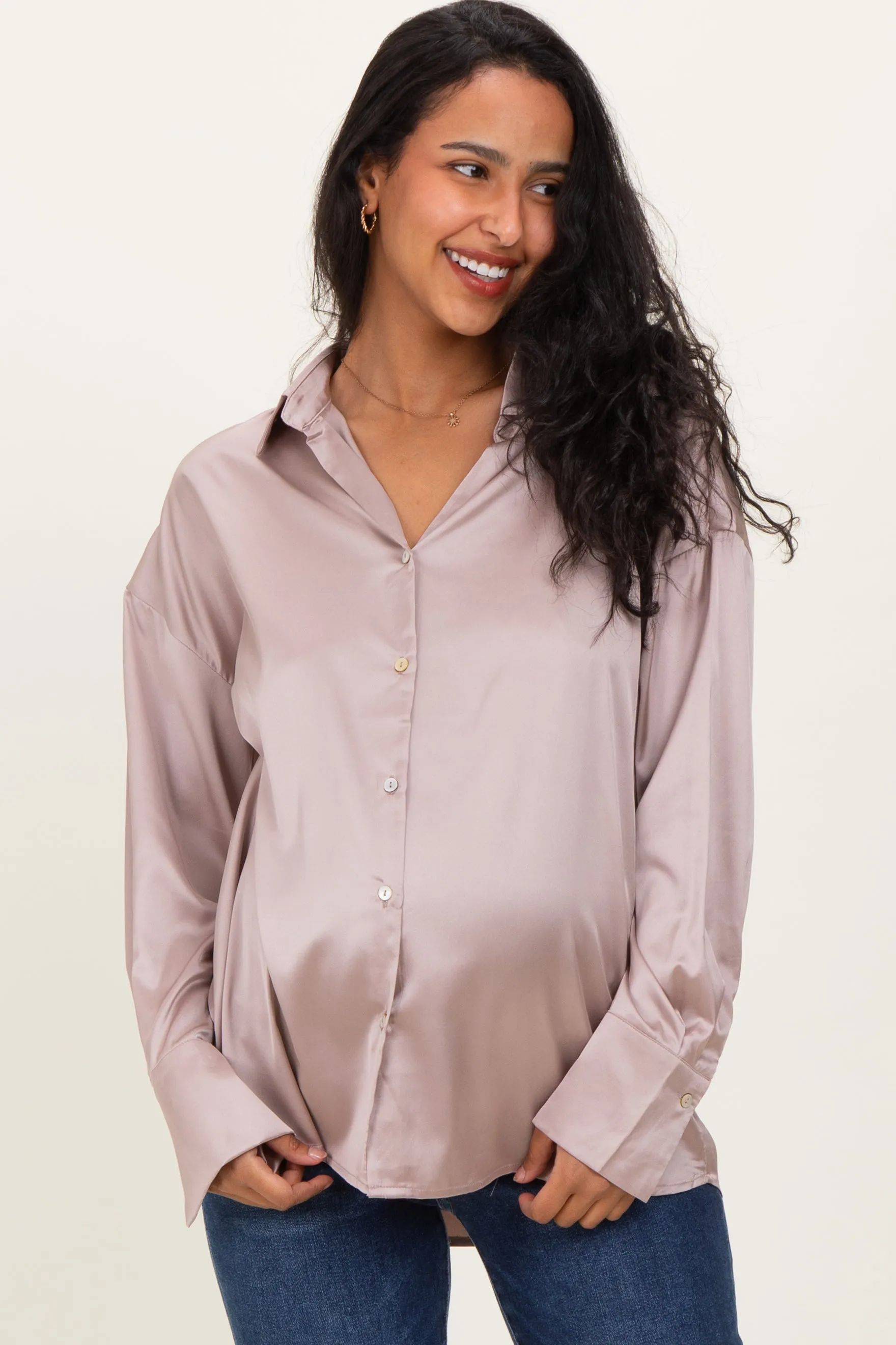 Light Mocha Satin Button Up Maternity Blouse sold by Pinkblush product image thumbnail 2