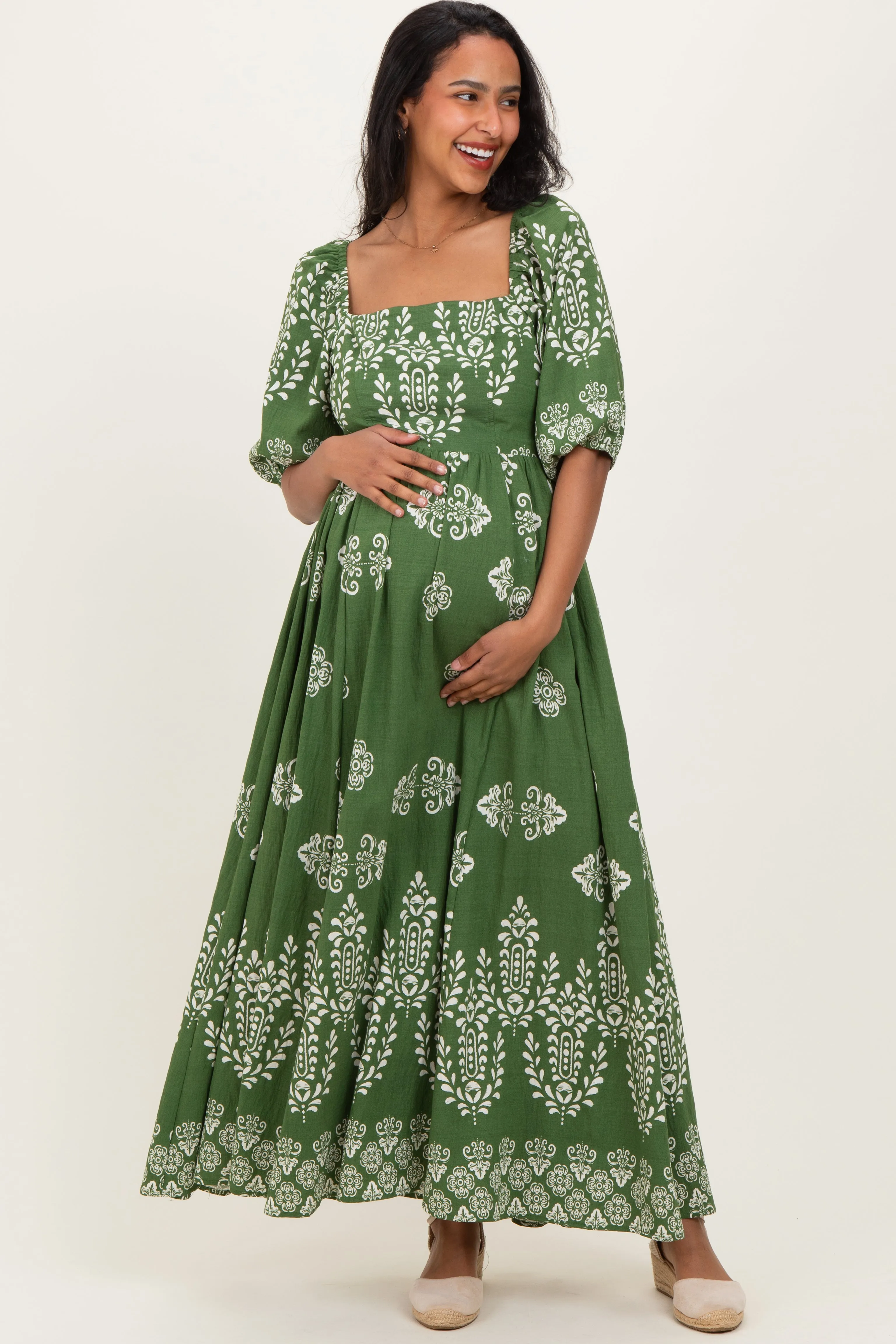 Green Damask Print Short Sleeve Maternity Maxi Dress sold by Pinkblush