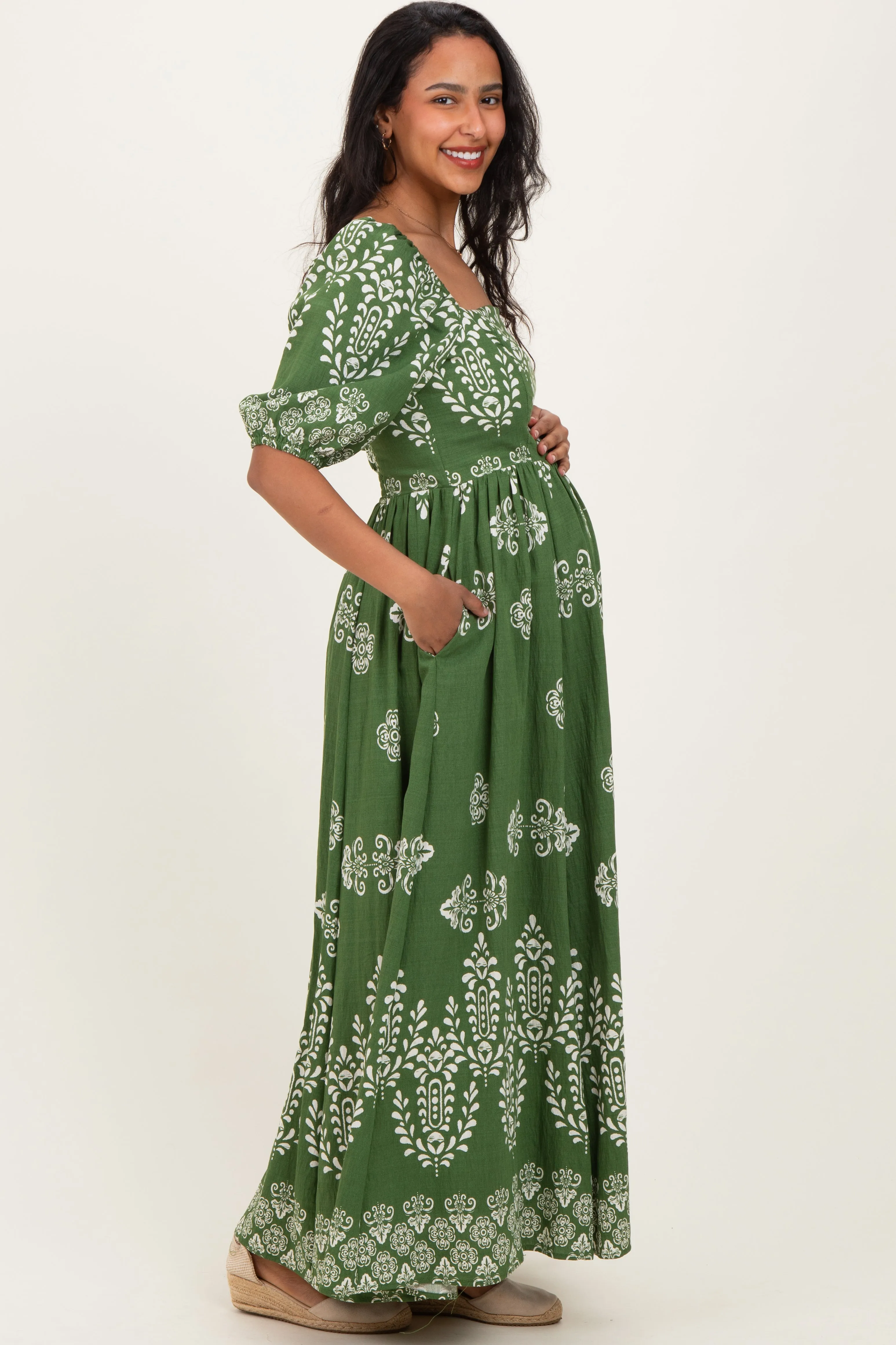 Green Damask Print Short Sleeve Maternity Maxi Dress sold by Pinkblush product image thumbnail 2