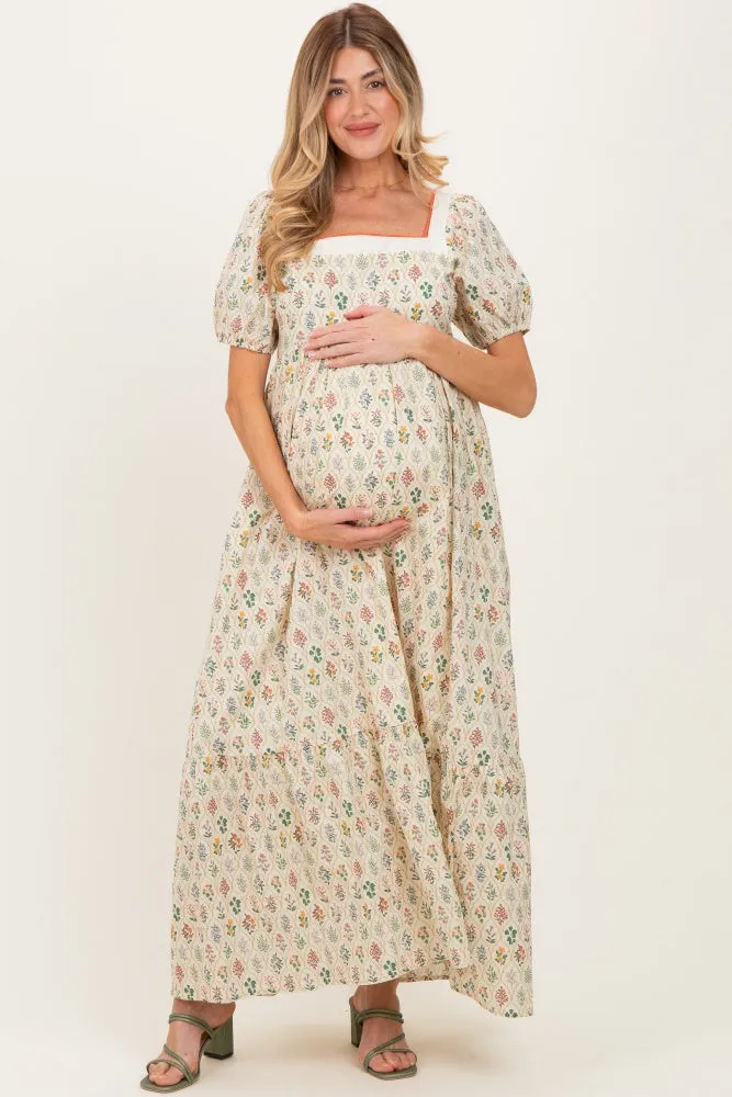 Creme Floral Cotton Puff Sleeve Maternity Maxi Dress sold by Pinkblush product image thumbnail 2