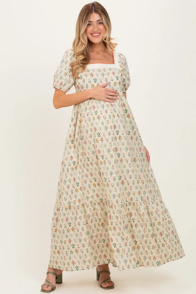 Creme Floral Cotton Puff Sleeve Maternity Maxi Dress sold by Pinkblush product image thumbnail 3