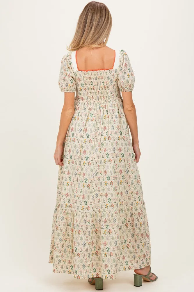 Creme Floral Cotton Puff Sleeve Maternity Maxi Dress sold by Pinkblush product image thumbnail 4
