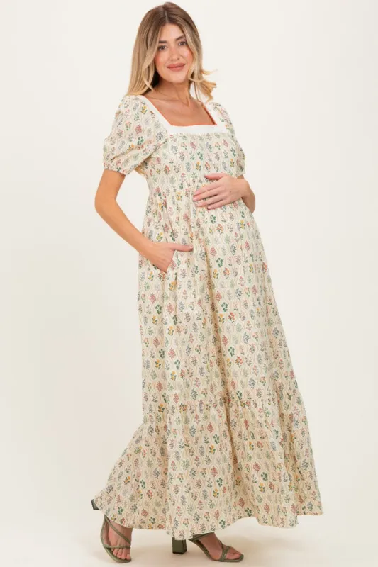 Creme Floral Cotton Puff Sleeve Maternity Maxi Dress made by Inloom
