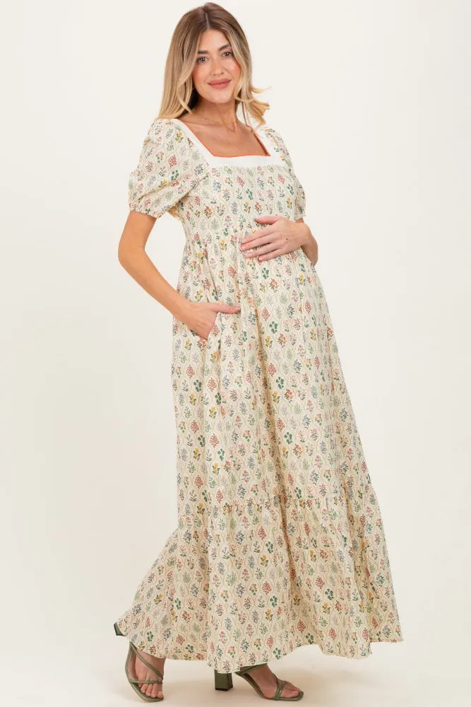 Creme Floral Cotton Puff Sleeve Maternity Maxi Dress sold by Pinkblush