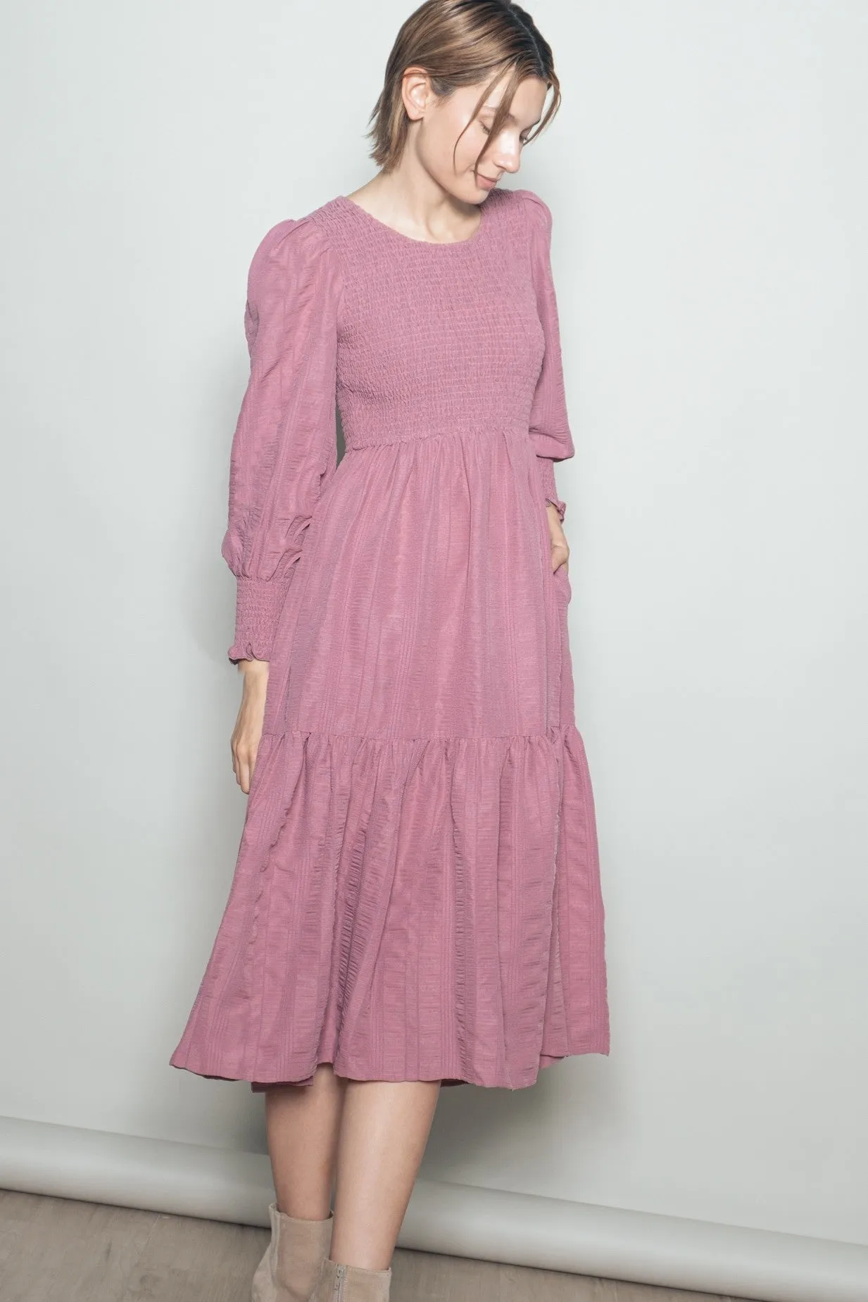 Mauve Textured Stripe Smocked Maternity Midi Dress sold by Pinkblush product image thumbnail 4