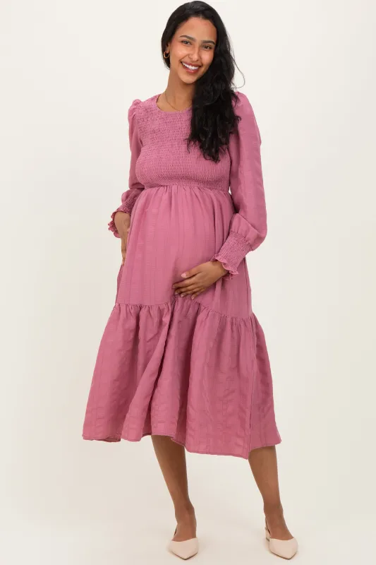 Mauve Textured Stripe Smocked Maternity Midi Dress sold by Pinkblush