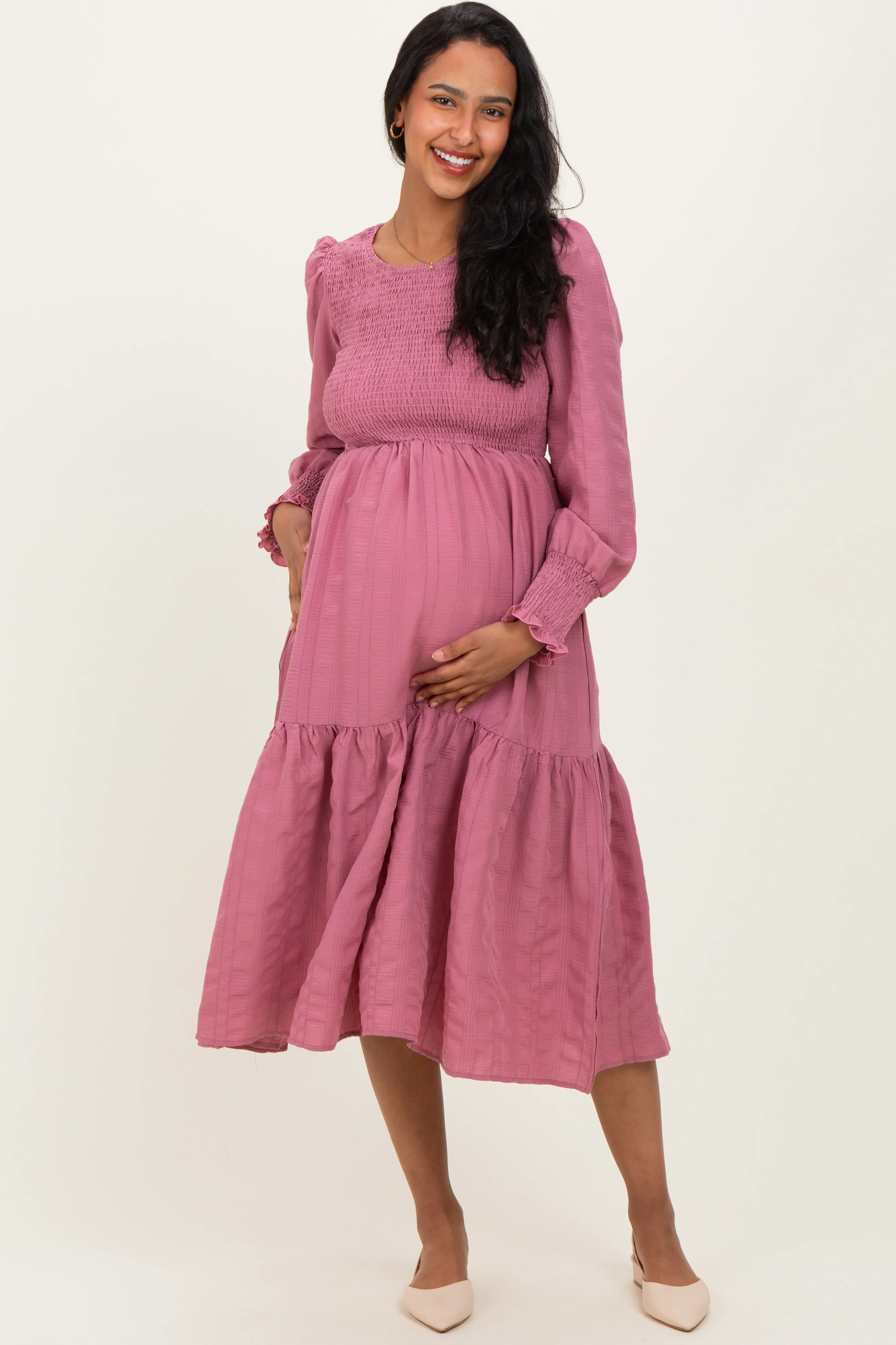 Mauve Textured Stripe Smocked Maternity Midi Dress sold by Pinkblush