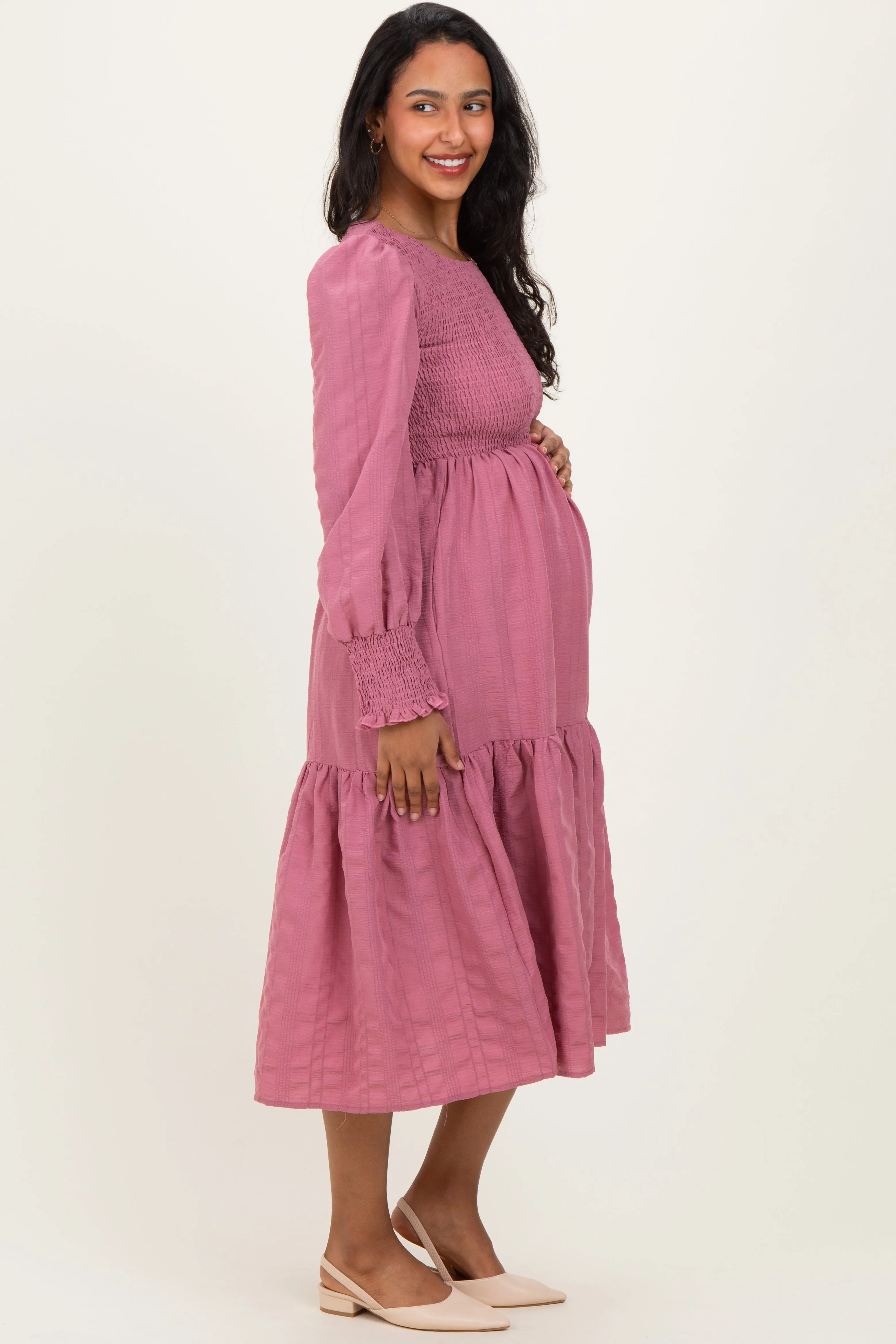 Mauve Textured Stripe Smocked Maternity Midi Dress sold by Pinkblush product image thumbnail 2