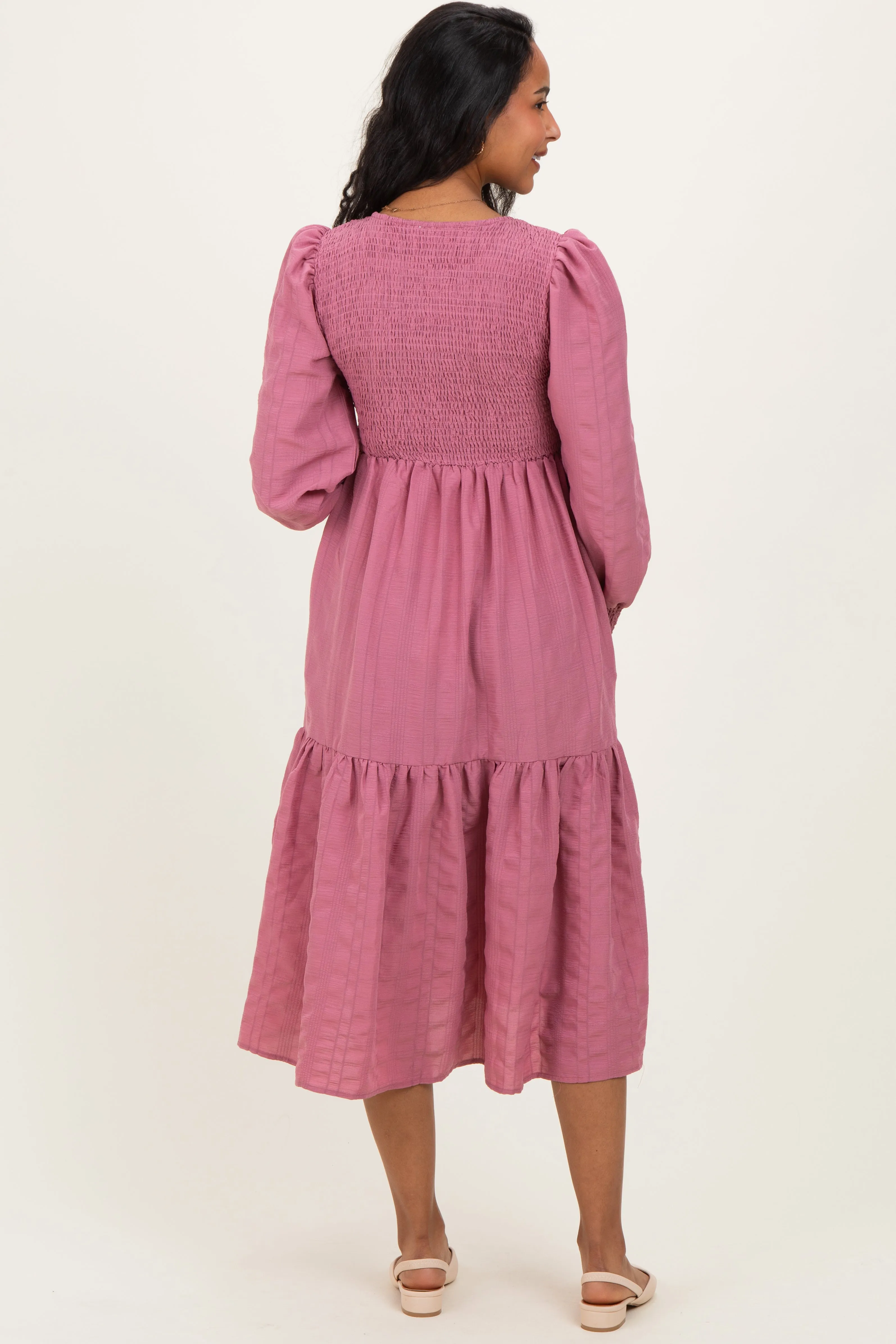 Mauve Textured Stripe Smocked Maternity Midi Dress sold by Pinkblush product image thumbnail 3