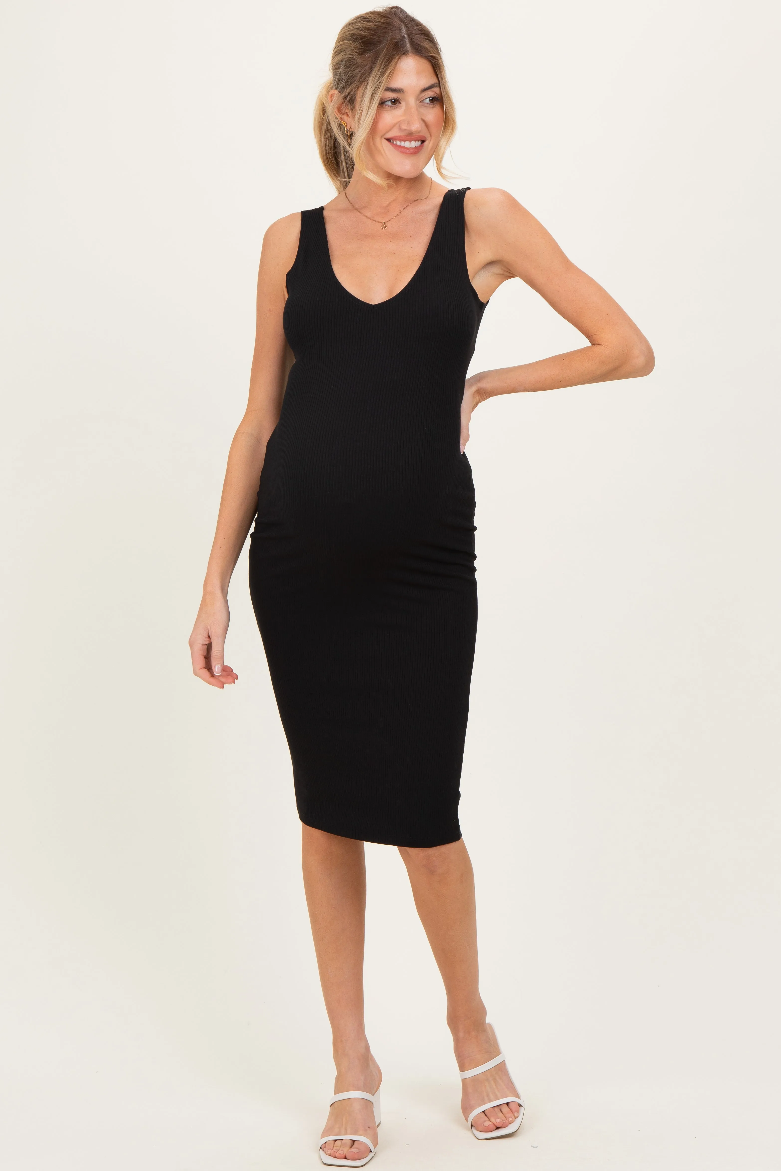 Black Ribbed Knit V-Neck Maternity Tank Dress sold by Pinkblush product image thumbnail 2