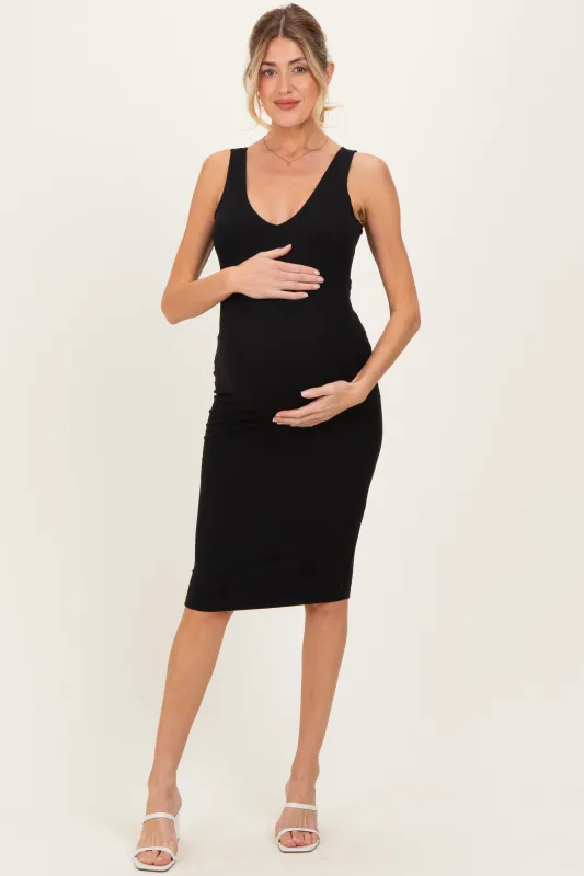 Black Ribbed Knit V-Neck Maternity Tank Dress sold by Pinkblush