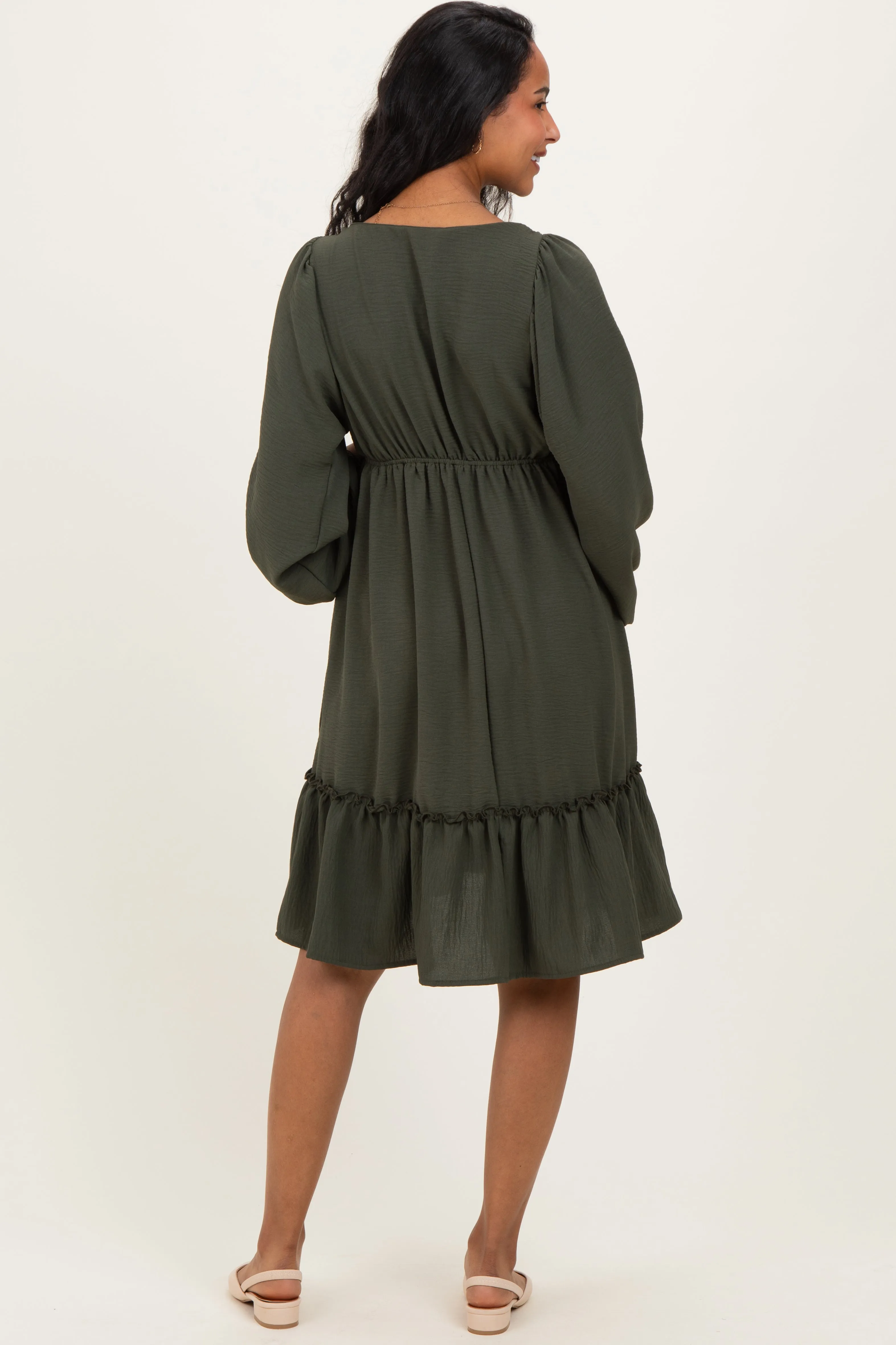 Olive Long Sleeve V-Neck Tiered Maternity Midi Dress sold by Pinkblush product image thumbnail 4